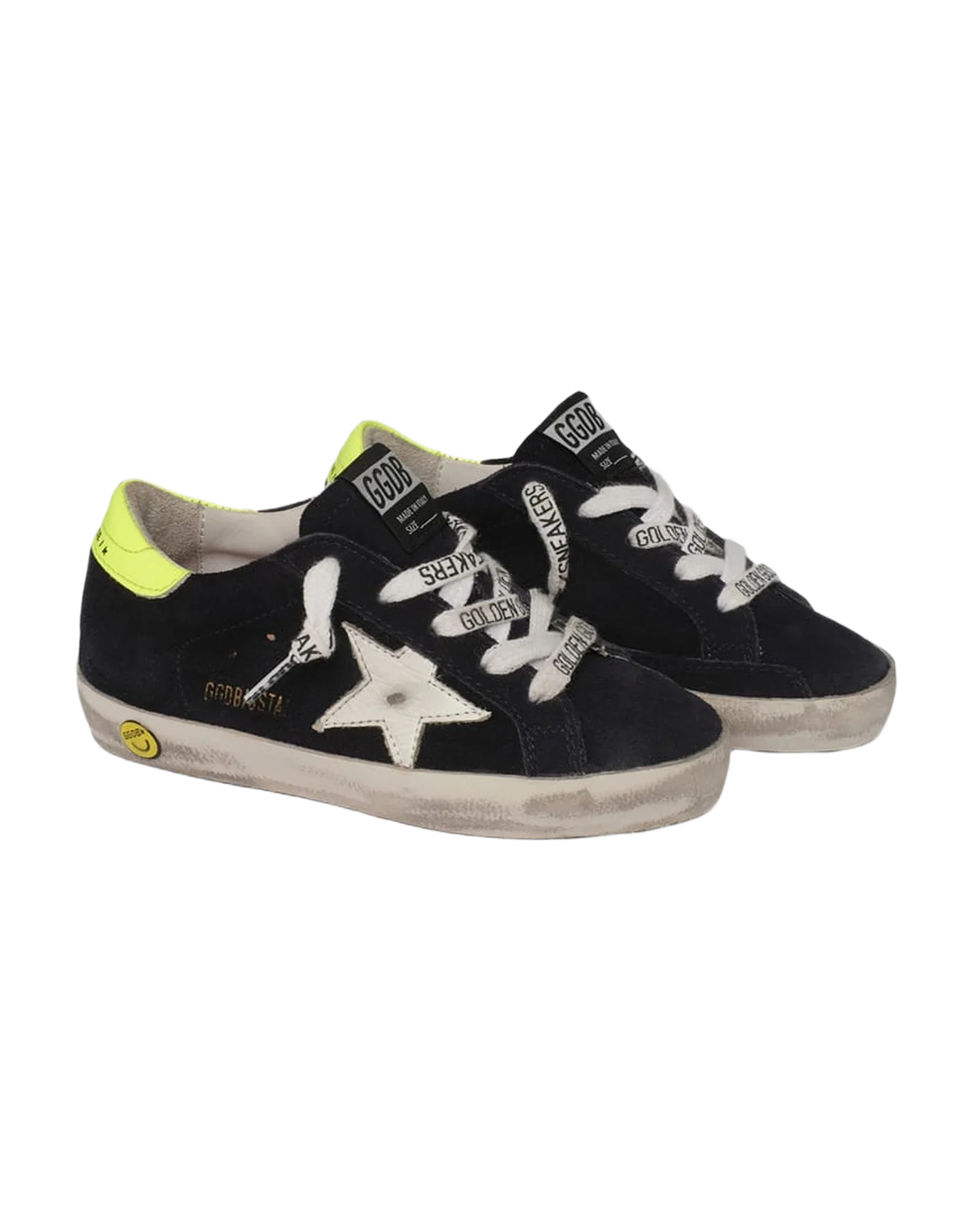 Kids | Dark Blue Suede Super-Star Sneakers with Yellow Heel Tab | Night Blue x White x Yellow Fluo (V1) - Image 3