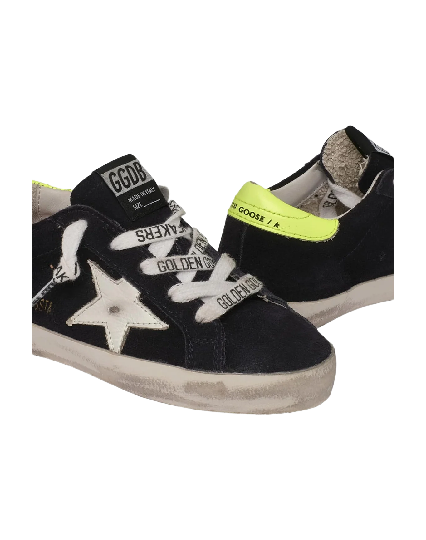 Kids | Dark Blue Suede Super-Star Sneakers with Yellow Heel Tab | Night Blue x White x Yellow Fluo (V2) - Image 2