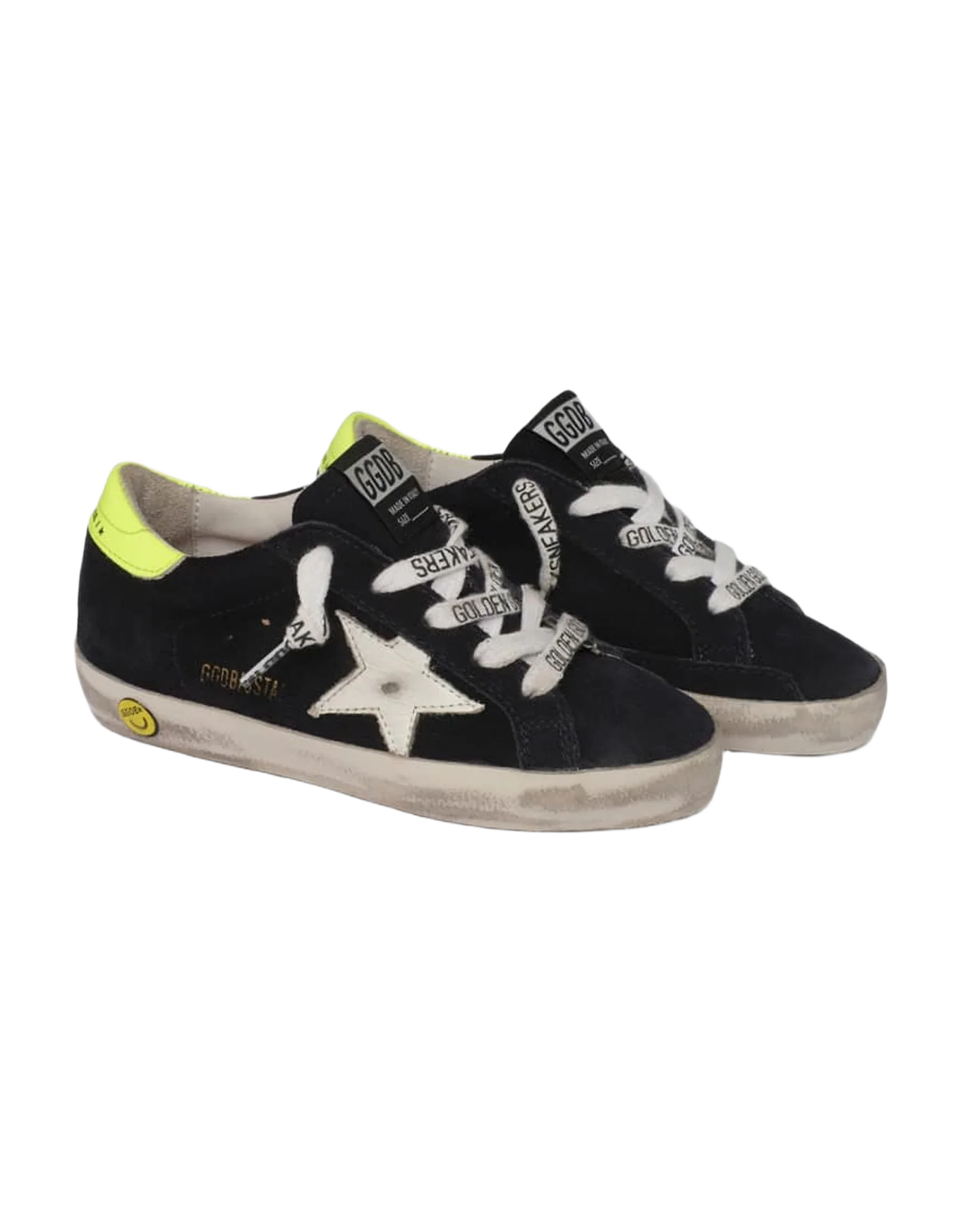 Kids | Dark Blue Suede Super-Star Sneakers with Yellow Heel Tab | Night Blue x White x Yellow Fluo (V2) - Image 4