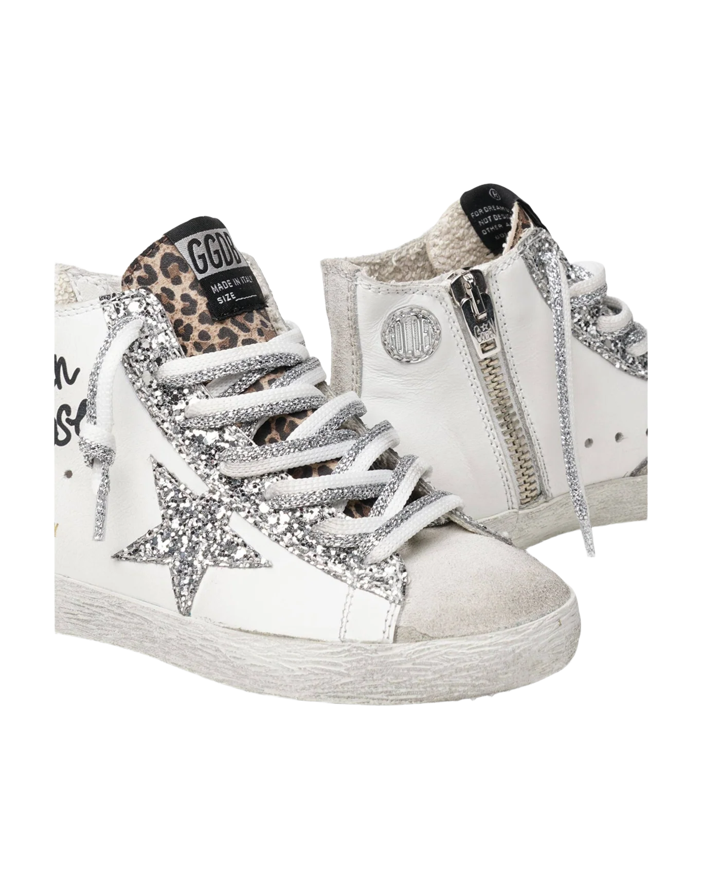 Kids | Francy Sneakers with Leopard-Print Insert & Two-Tone White & Silver Laces | White x Ice x Silver x Beige Brown Leo (V1)
