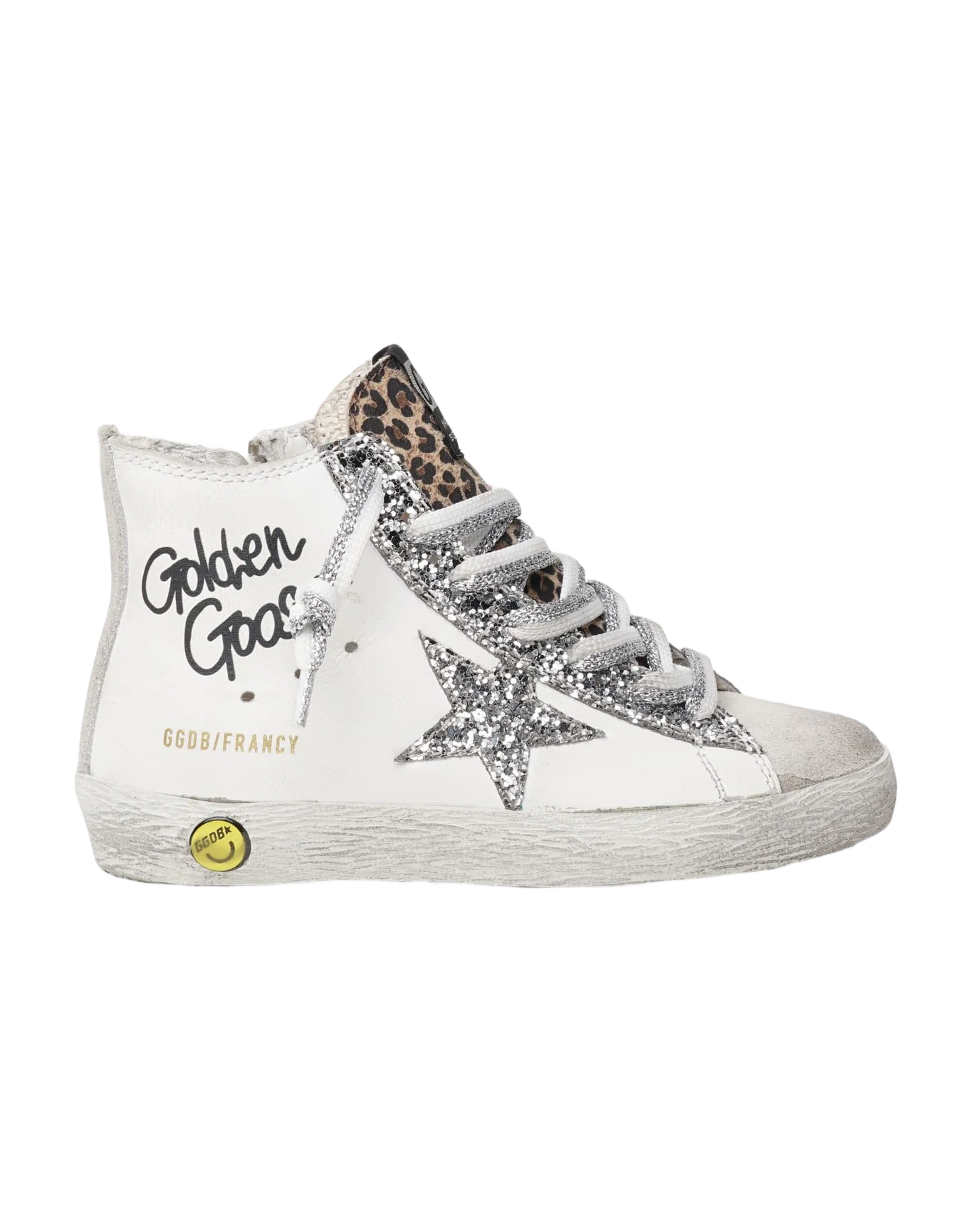 Kids | Francy Sneakers with Leopard-Print Insert & Two-Tone White & Silver Laces | White x Ice x Silver x Beige Brown Leo (V1) - Image 2