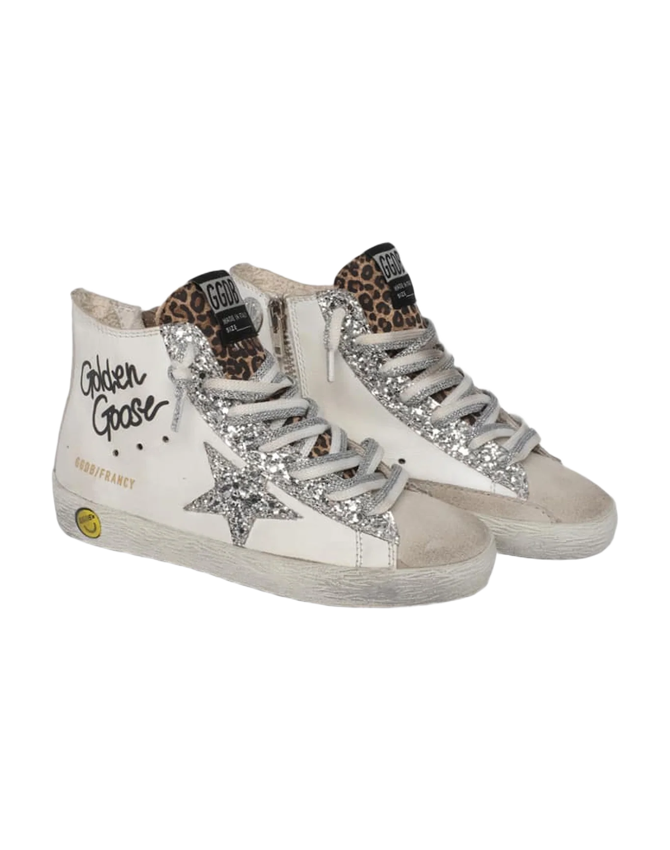 Kids | Francy Sneakers with Leopard-Print Insert & Two-Tone White & Silver Laces | White x Ice x Silver x Beige Brown Leo (V1) - Image 7