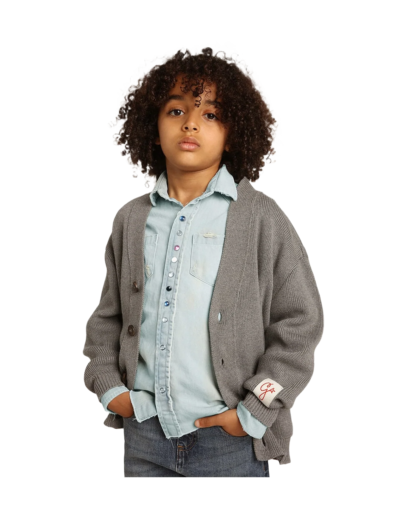 Kids | Gray Cotton Cardigan with Logo On The Back | Grigio - Image 3