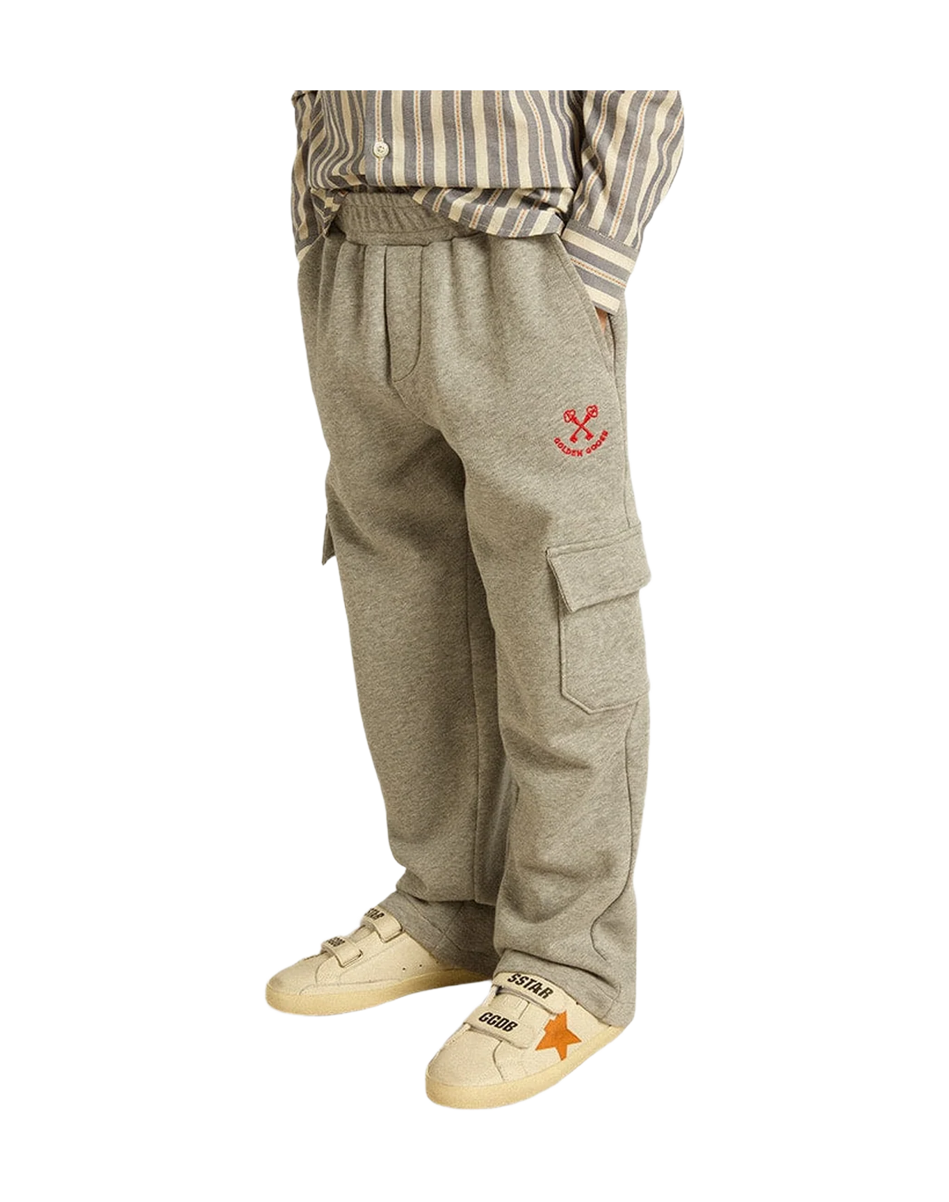 Kids | Gray Melange Cotton Cargo Joggers with Embroidery | Grey Melange x Red - Image 12