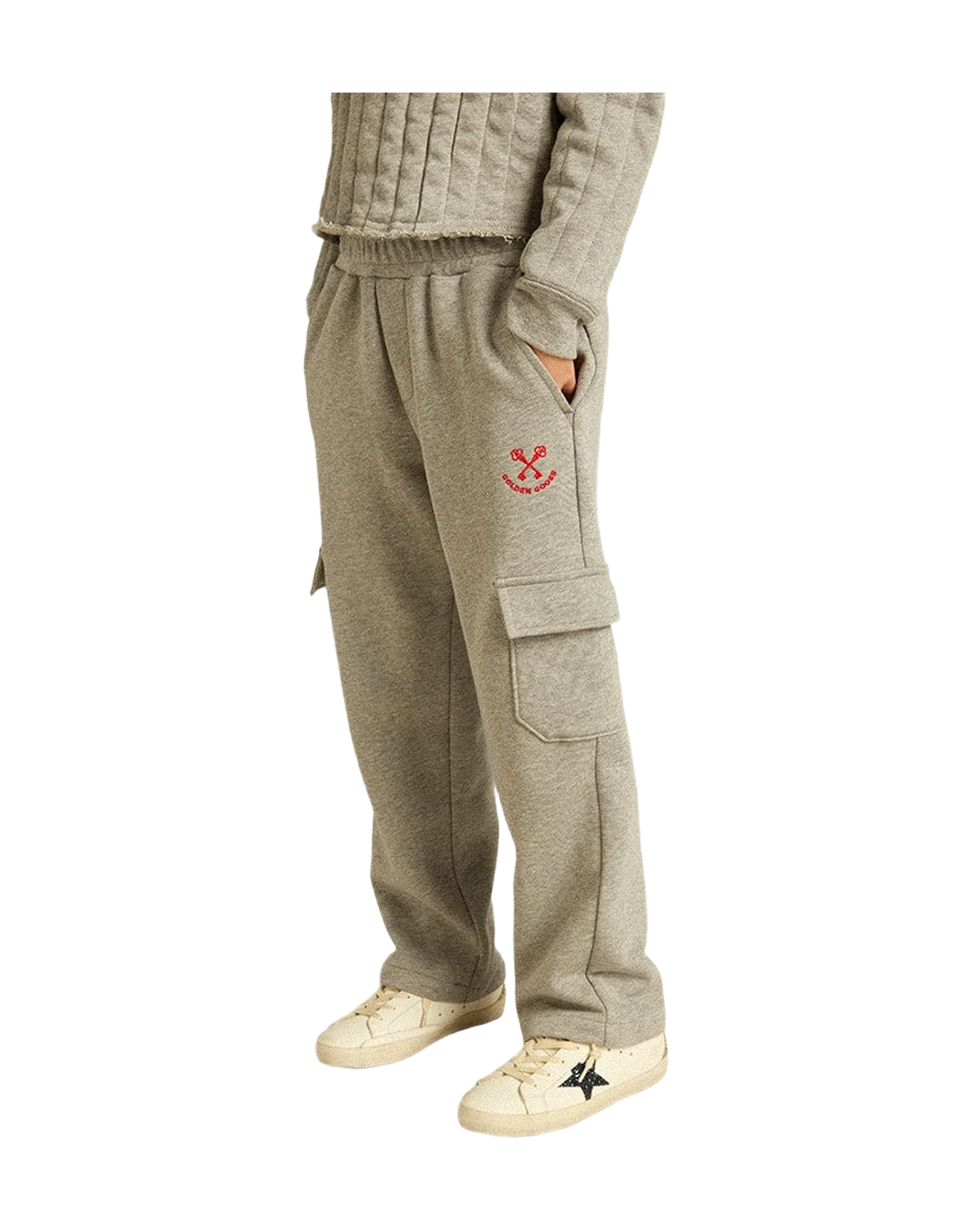 Kids | Gray Melange Cotton Cargo Joggers with Embroidery | Grey Melange x Red - Image 15