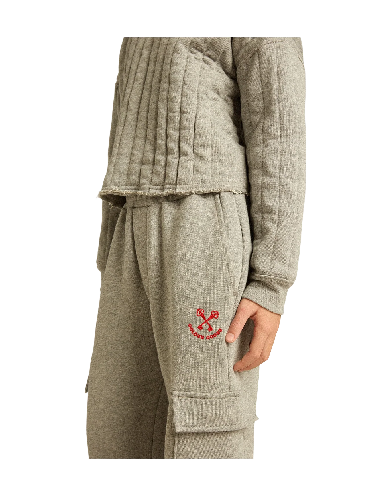 Kids | Gray Melange Cotton Cargo Joggers with Embroidery | Grey Melange x Red - Image 17