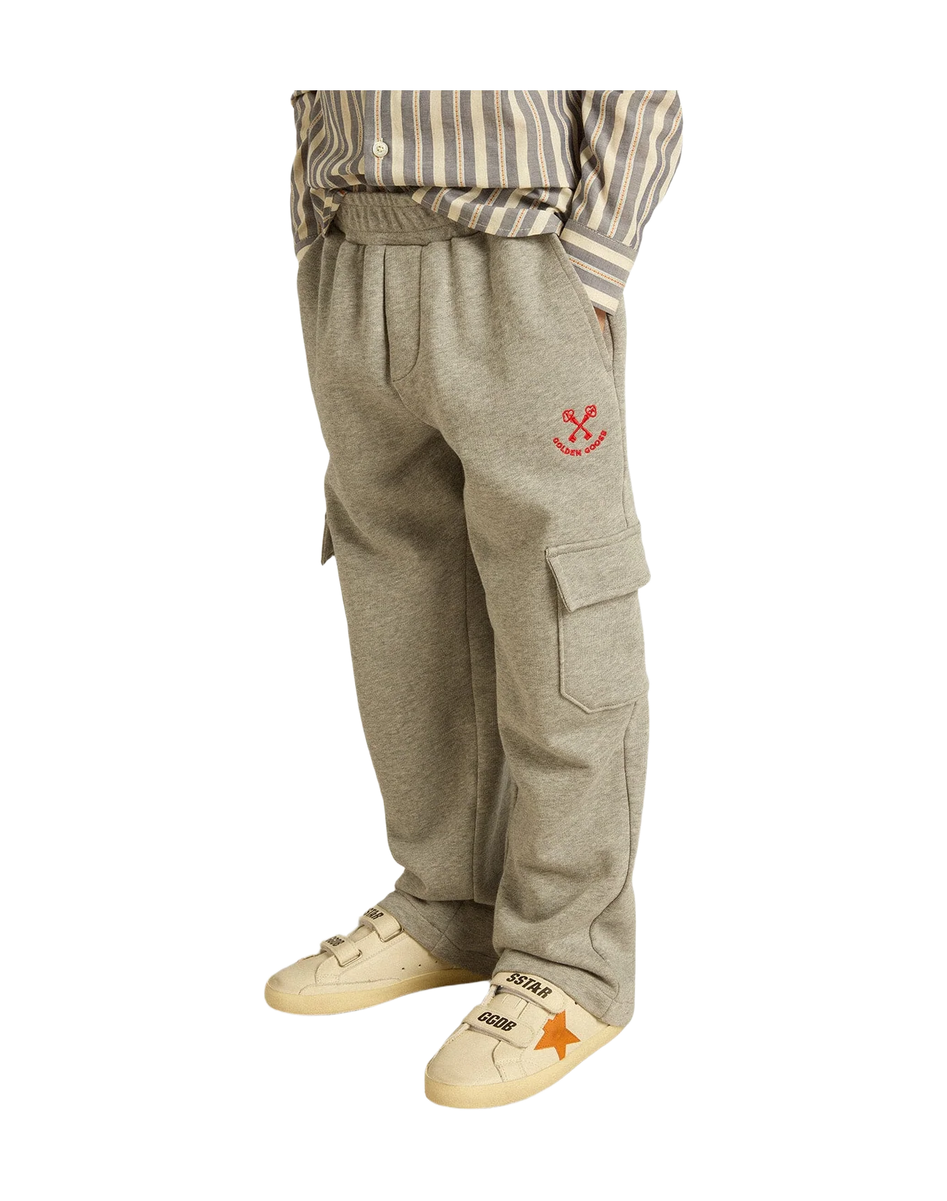 Kids | Gray Melange Cotton Cargo Joggers with Embroidery | Grey Melange x Red - Image 18