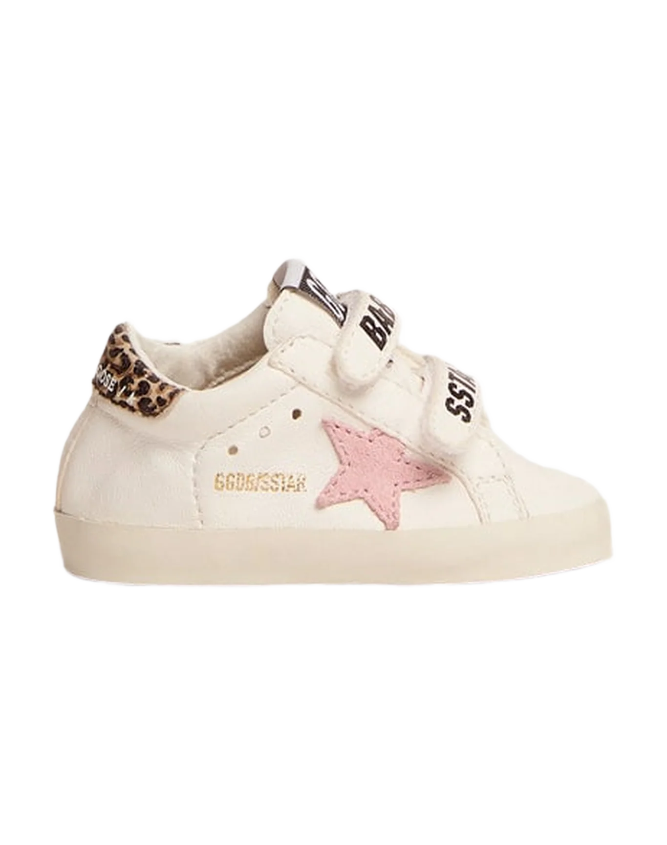 Kids | June Nappa Leather with Pink Star & Leopard Heel Tab | White x Baby Pink x Beige Brown Leo - Image 2