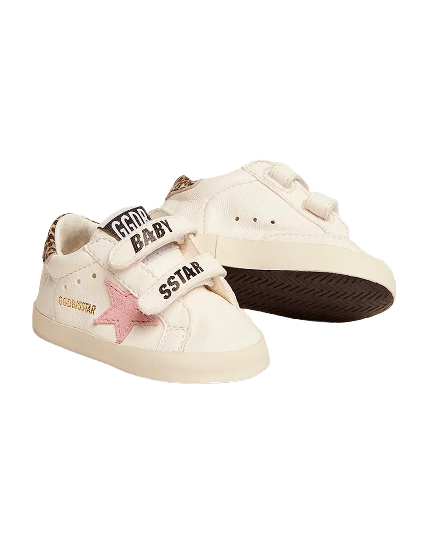 Kids | June Nappa Leather with Pink Star & Leopard Heel Tab | White x Baby Pink x Beige Brown Leo - Image 3