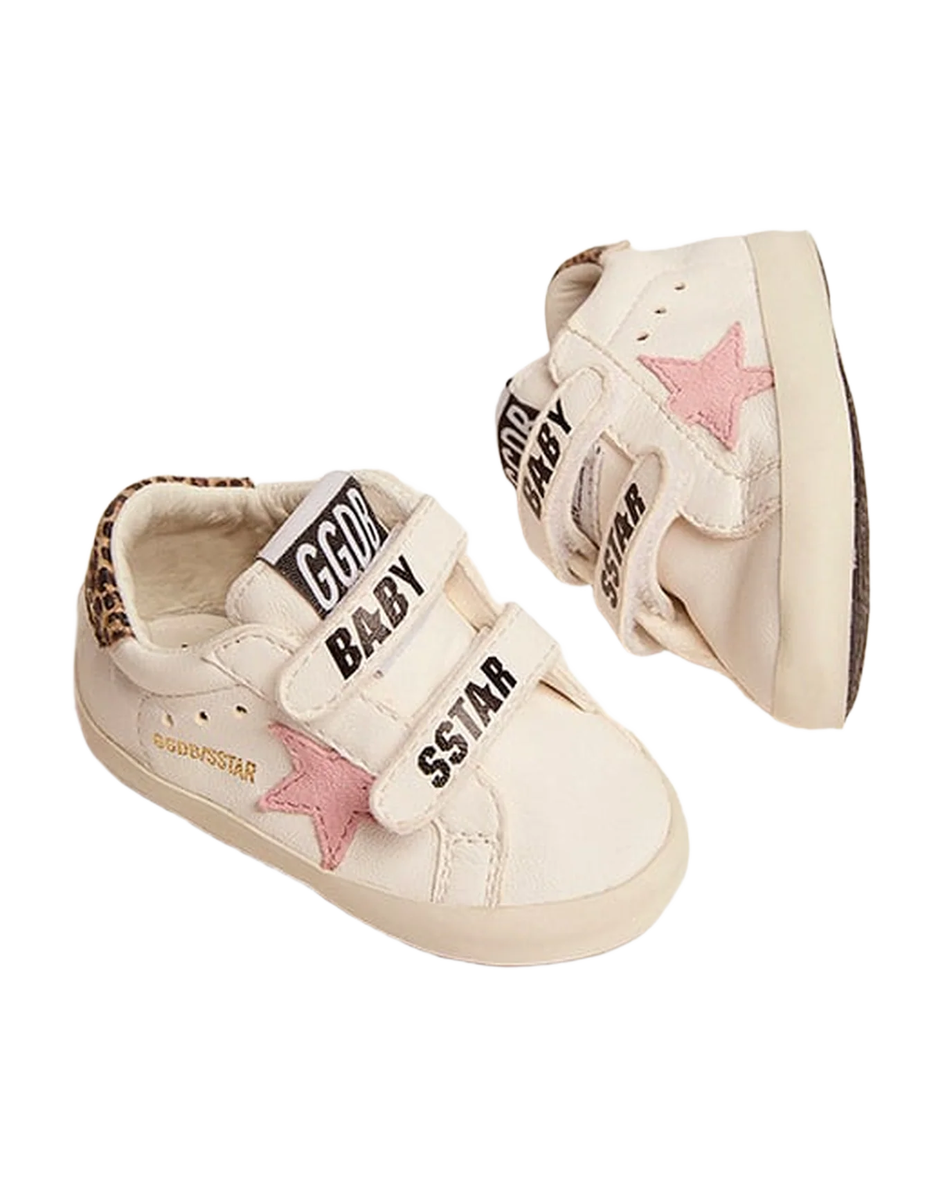 Kids | June Nappa Leather with Pink Star & Leopard Heel Tab | White x Baby Pink x Beige Brown Leo - Image 5