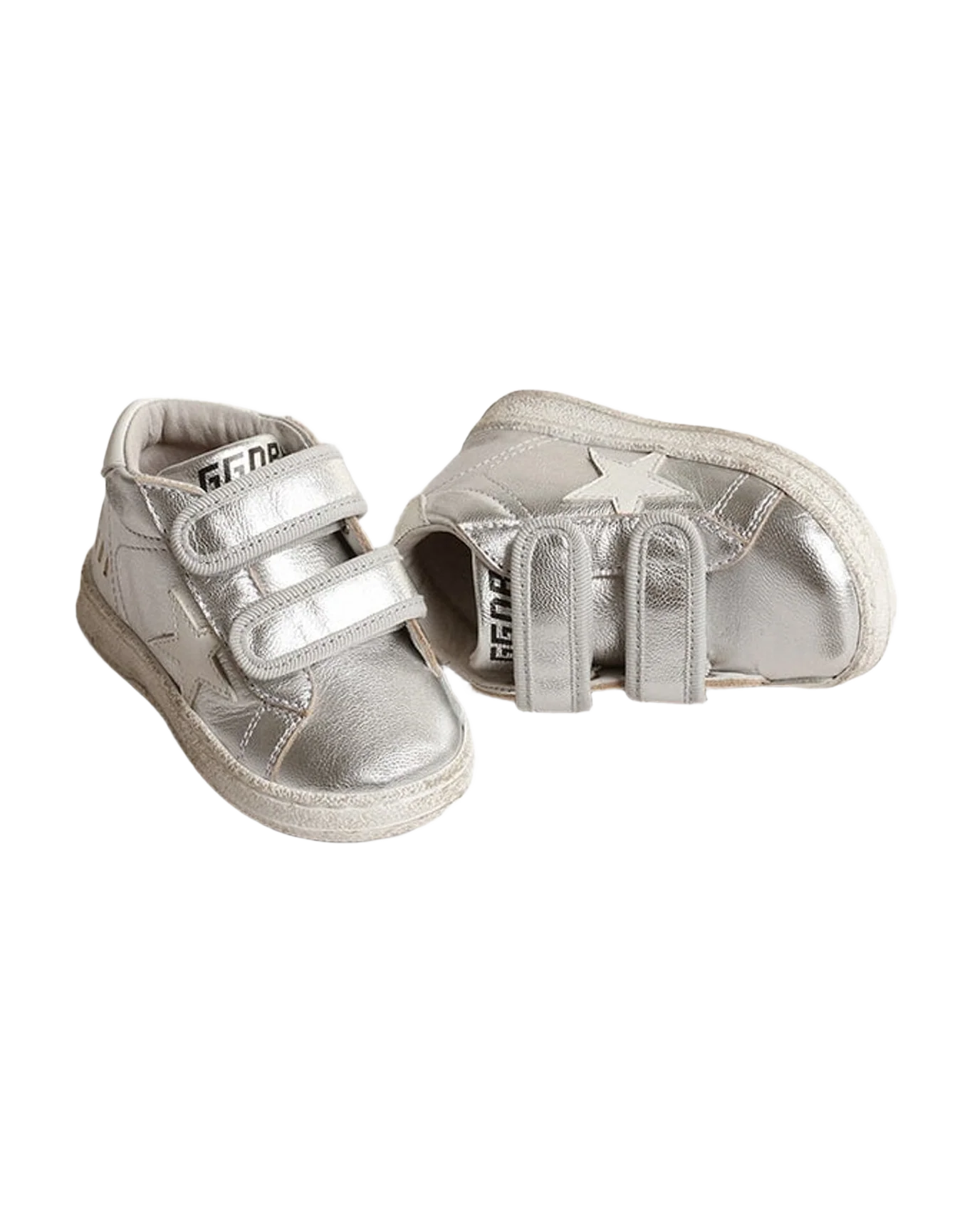 Kids | June Sneakers Silver Leather with White Star & Heel Tab | Silver x White
