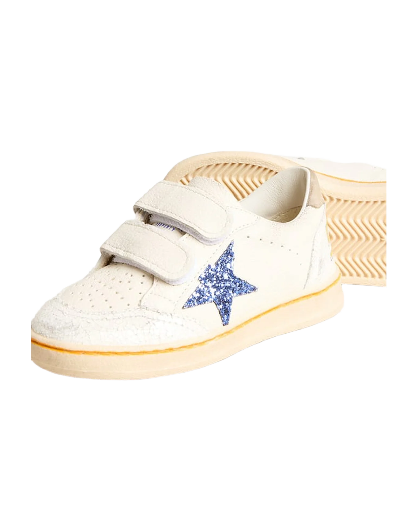 Kids | Junior Ball Star with Blue Glitter Star & Beige Suede Heel Tab | White x Light Blue x Taupe - Image 6