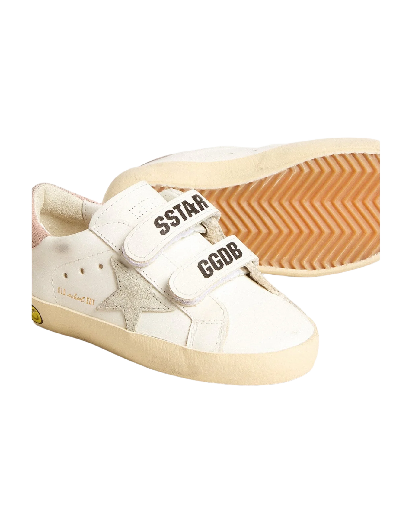 Kids | Junior Old School Leather with Gray Suede Star & Old Rose Heel Tab | White x Ice x Antique Pink