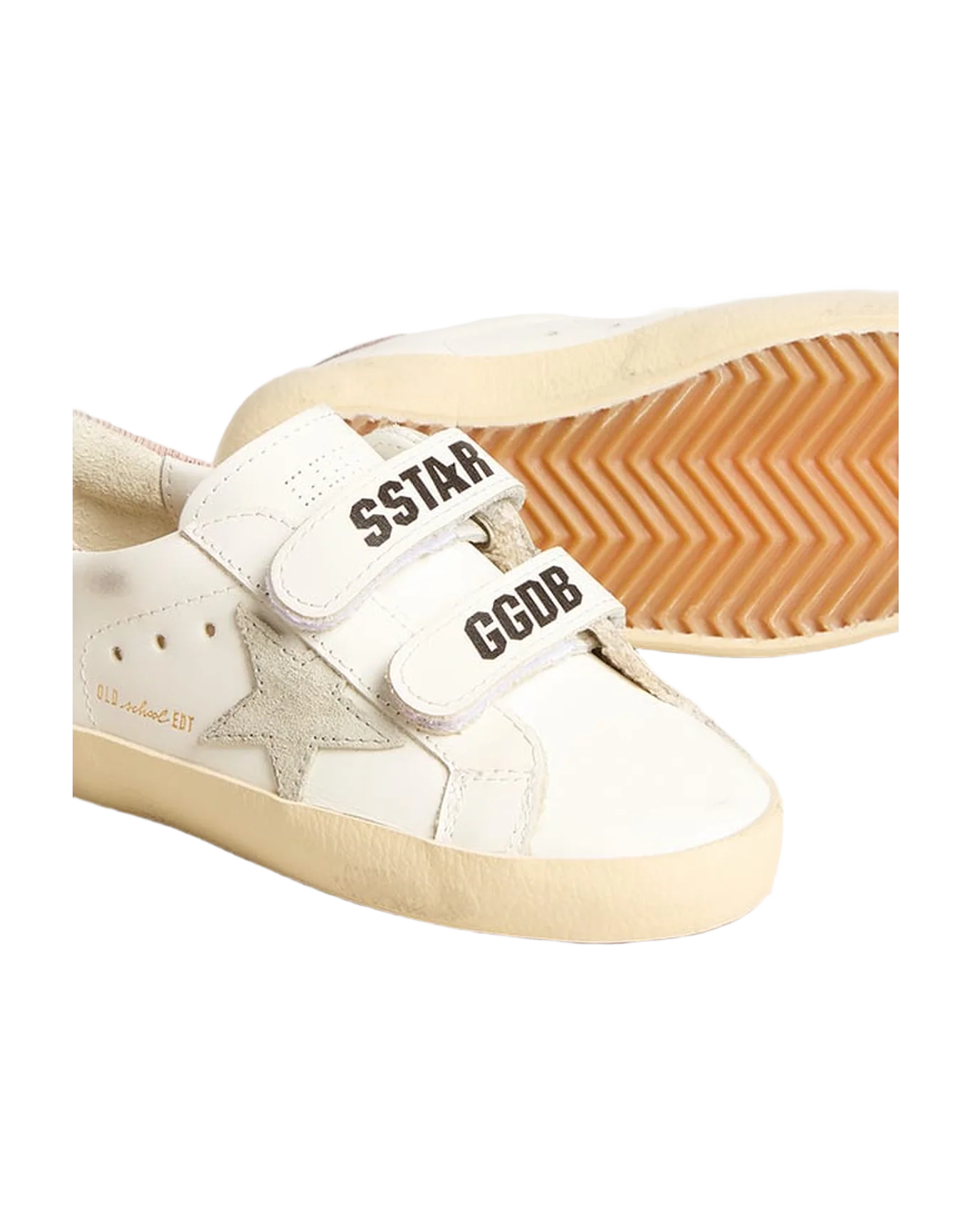Kids | Junior Old School Leather with Gray Suede Star & Old Rose Heel Tab | White x Ice x Antique Pink - Image 3