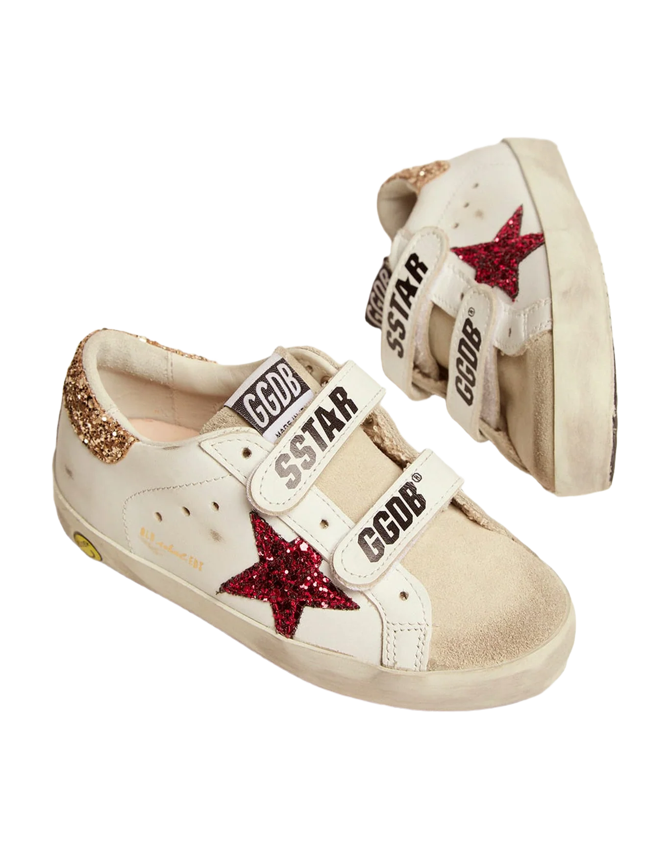 Kids | Junior Old School Sneakers with Colored Glitter Star & Heel Tab | White x Red x Ice x Gold x - Image 4