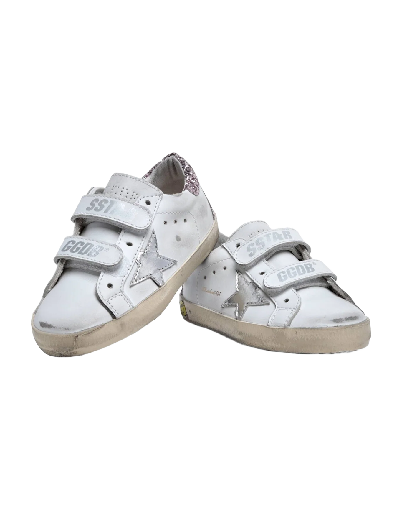 Kids | Junior Old School Sneakers with Glitter Heel Tab & Silver Star | White x Silver x Rose Quartz