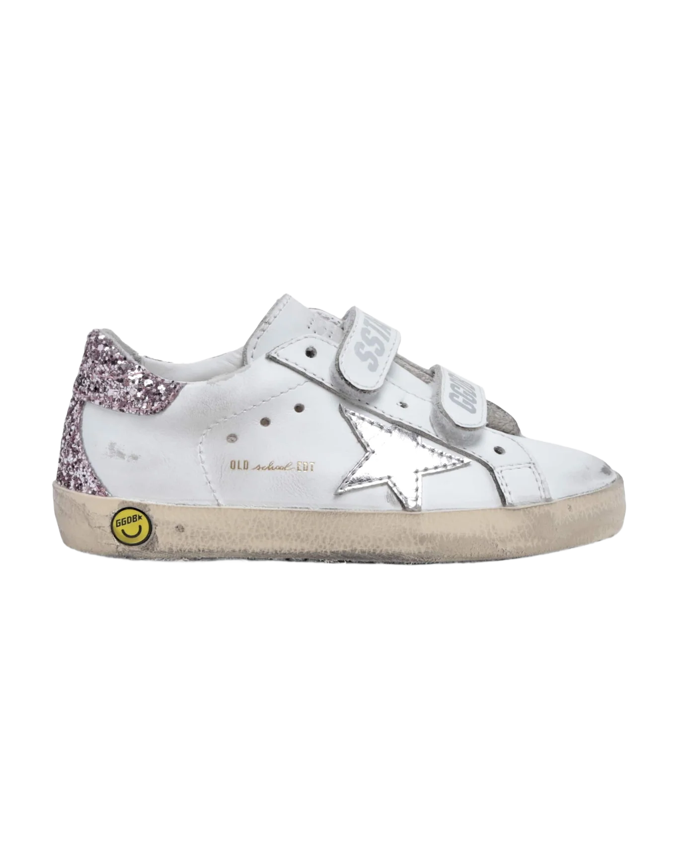 Kids | Junior Old School Sneakers with Glitter Heel Tab & Silver Star | White x Silver x Rose Quartz - Image 2