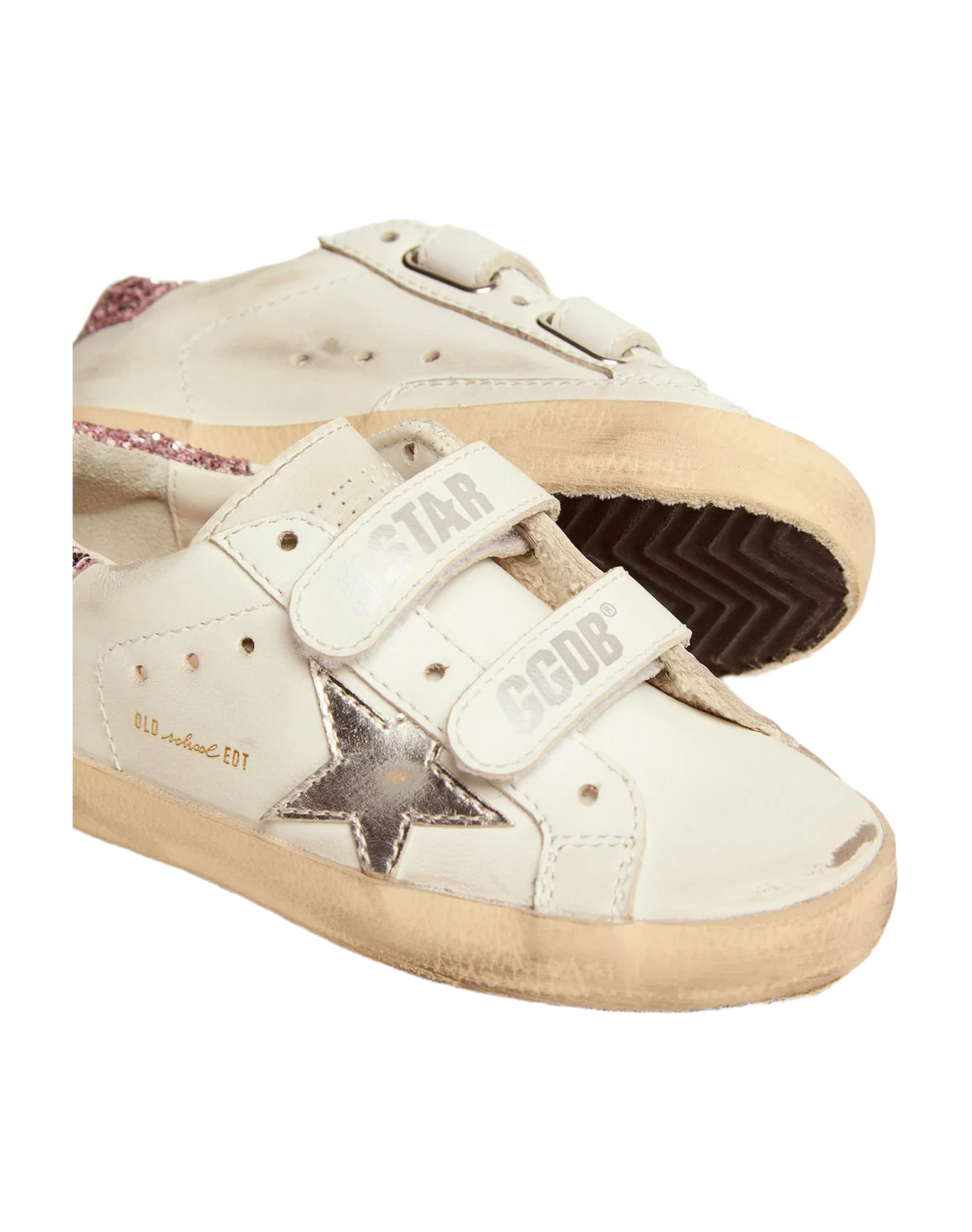 Kids | Junior Old School Sneakers with Glitter Heel Tab & Silver Star | White x Silver x Rose Quartz - Image 3