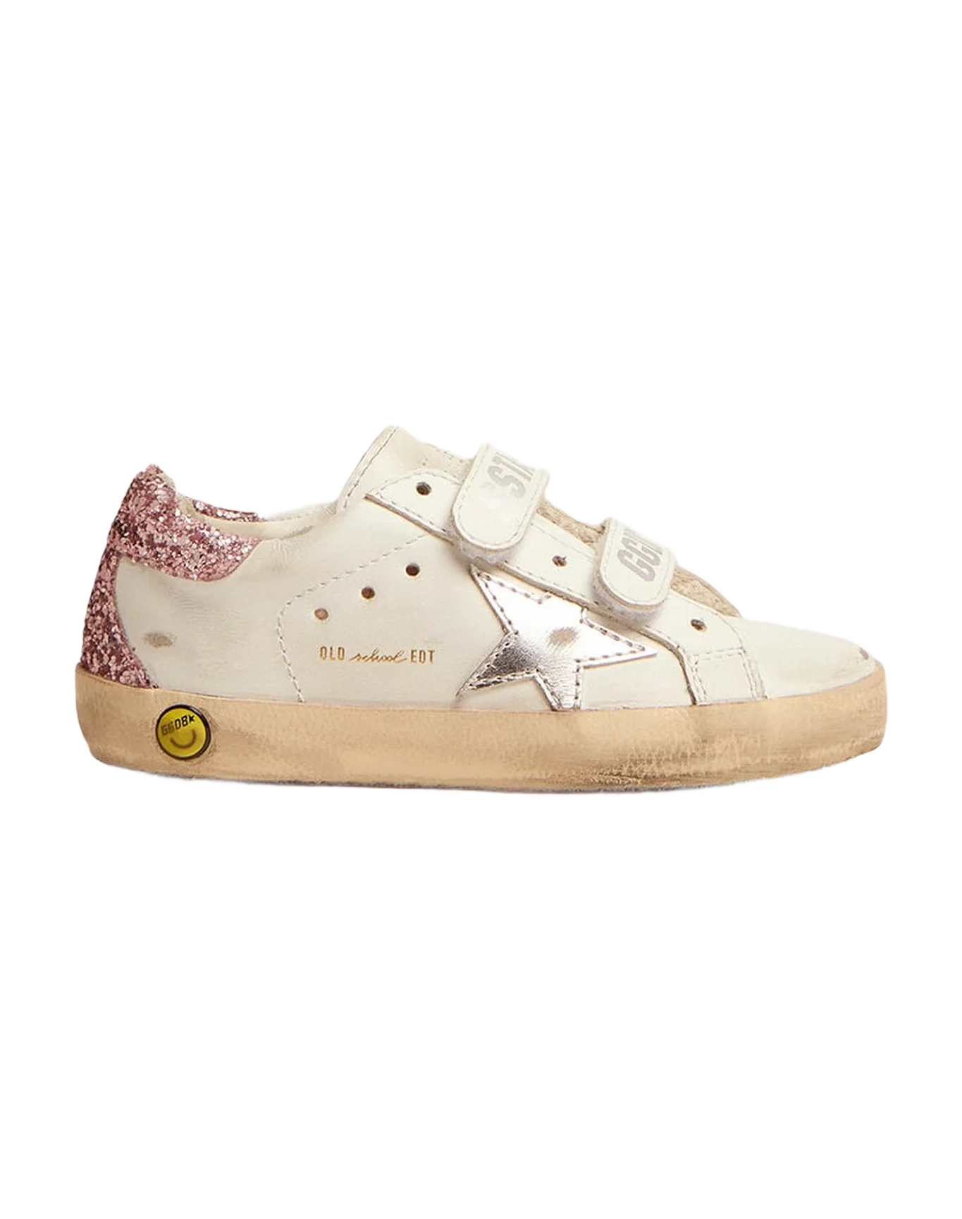 Kids | Junior Old School Sneakers with Glitter Heel Tab & Silver Star | White x Silver x Rose Quartz - Image 4