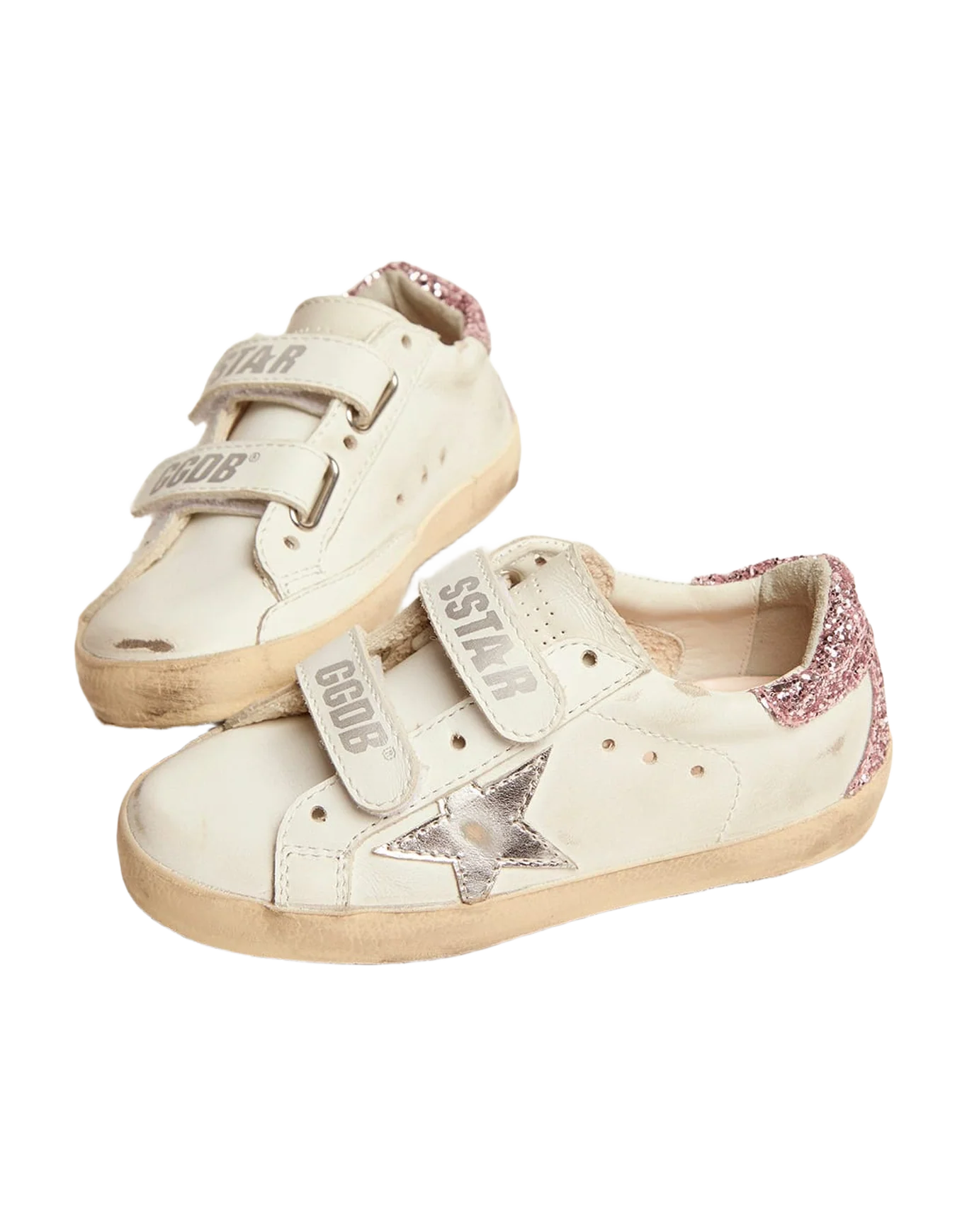 Kids | Junior Old School Sneakers with Glitter Heel Tab & Silver Star | White x Silver x Rose Quartz - Image 5