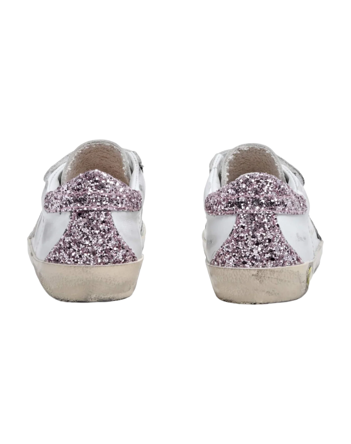Kids | Junior Old School Sneakers with Glitter Heel Tab & Silver Star | White x Silver x Rose Quartz - Image 6