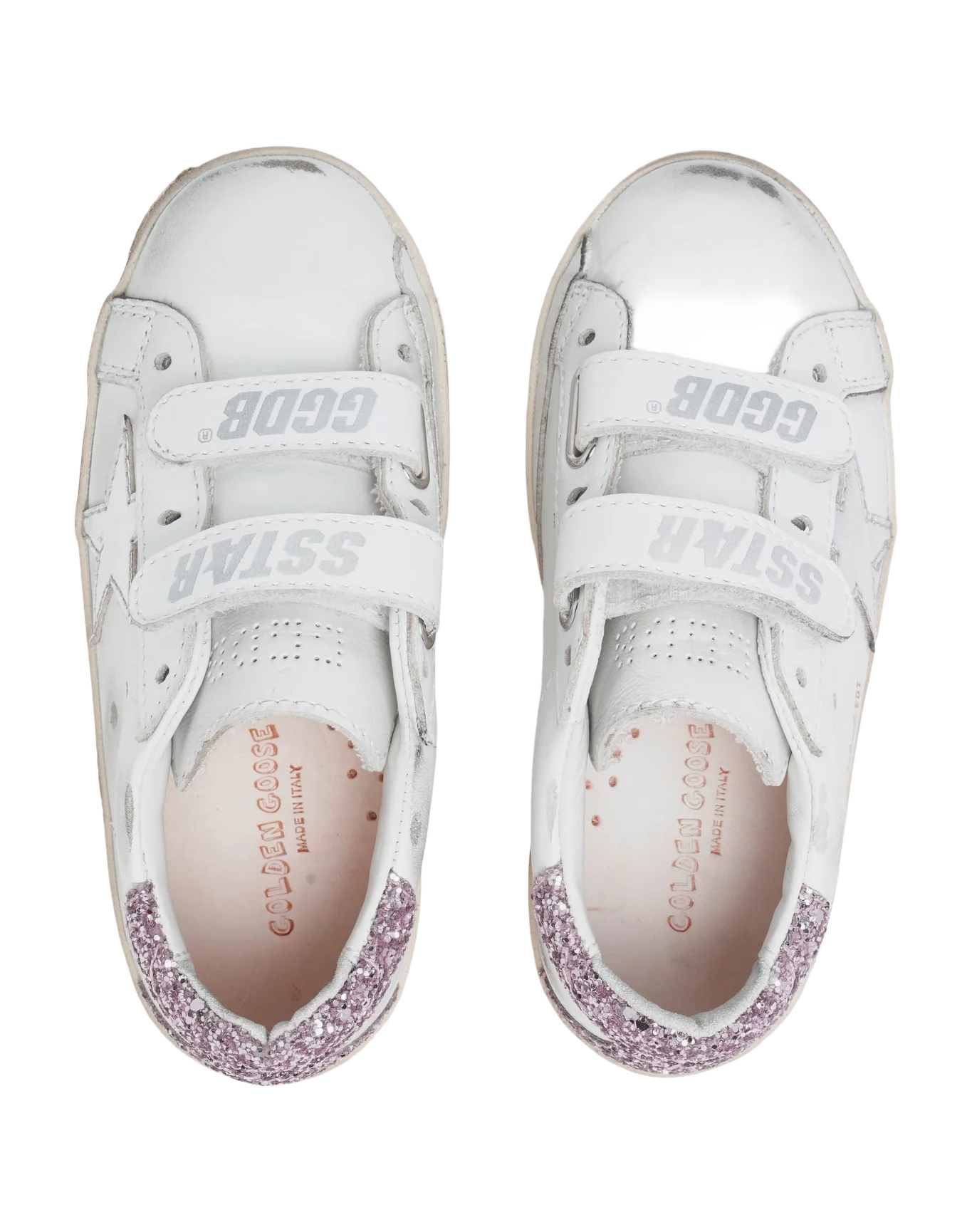 Kids | Junior Old School Sneakers with Glitter Heel Tab & Silver Star | White x Silver x Rose Quartz - Image 7