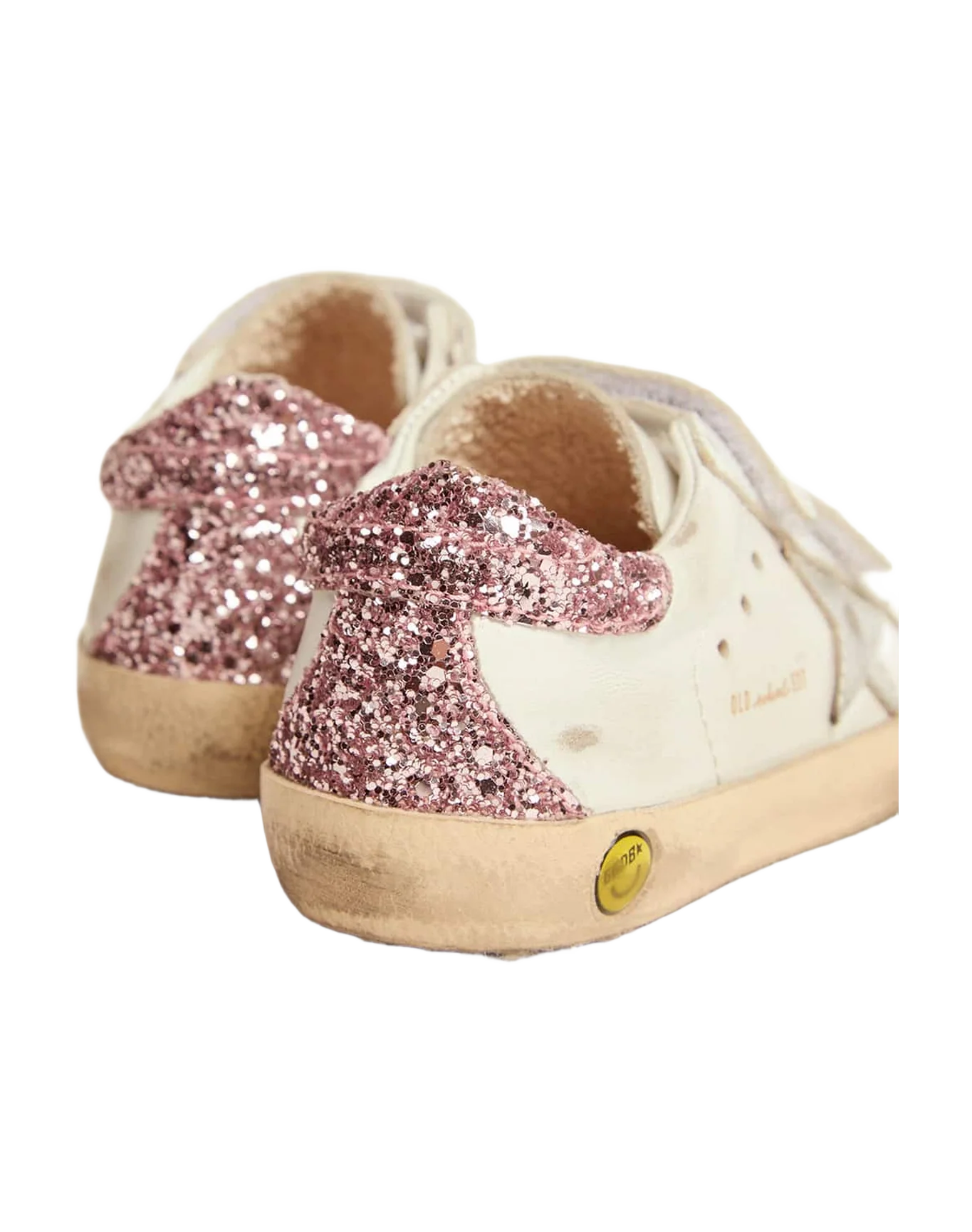 Kids | Junior Old School Sneakers with Glitter Heel Tab & Silver Star | White x Silver x Rose Quartz - Image 8