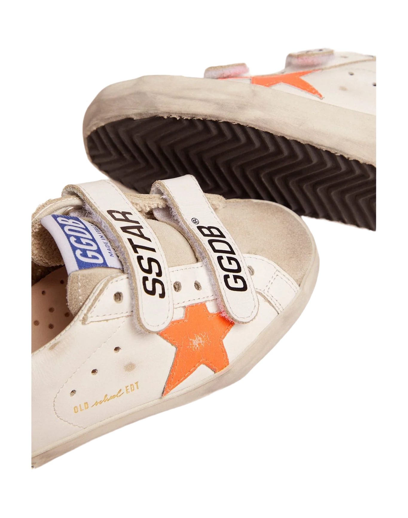 Kids | Junior Old School Sneakers with Velcro Fastening & Fluorescent Orange Star | White x Ice x Orange Fluo x Cherry Red