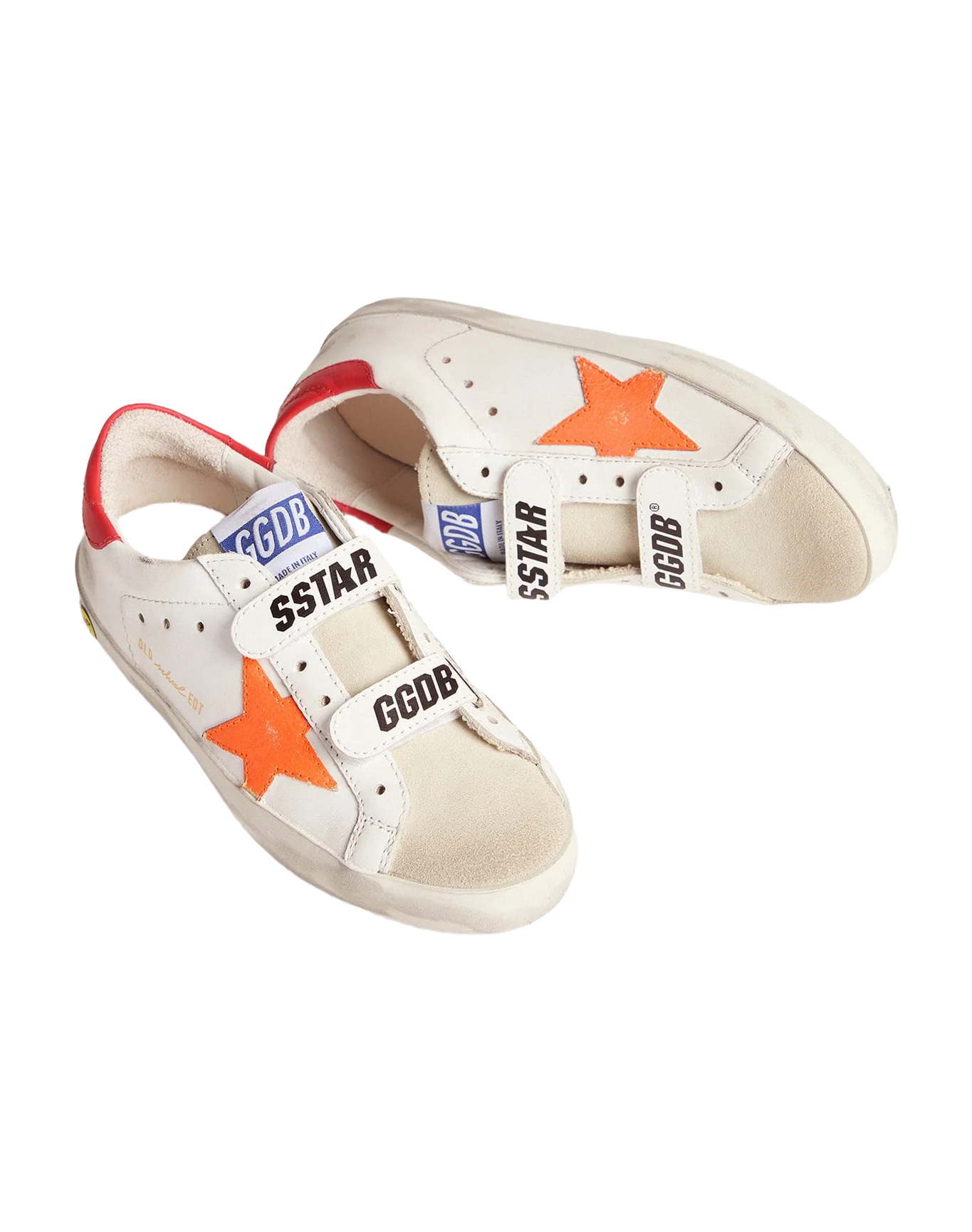 Kids | Junior Old School Sneakers with Velcro Fastening & Fluorescent Orange Star | White x Ice x Orange Fluo x Cherry Red - Image 2