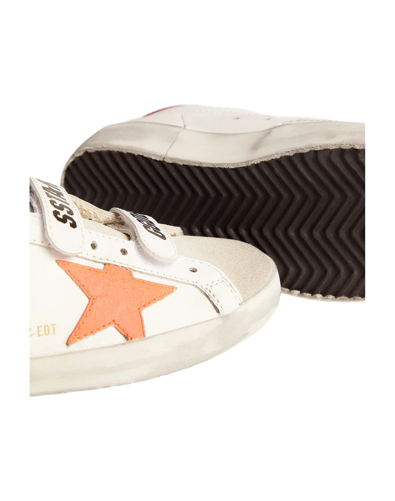 Kids | Junior Old School Sneakers with Velcro Fastening & Fluorescent Orange Star | White x Ice x Orange Fluo x Cherry Red - Image 3