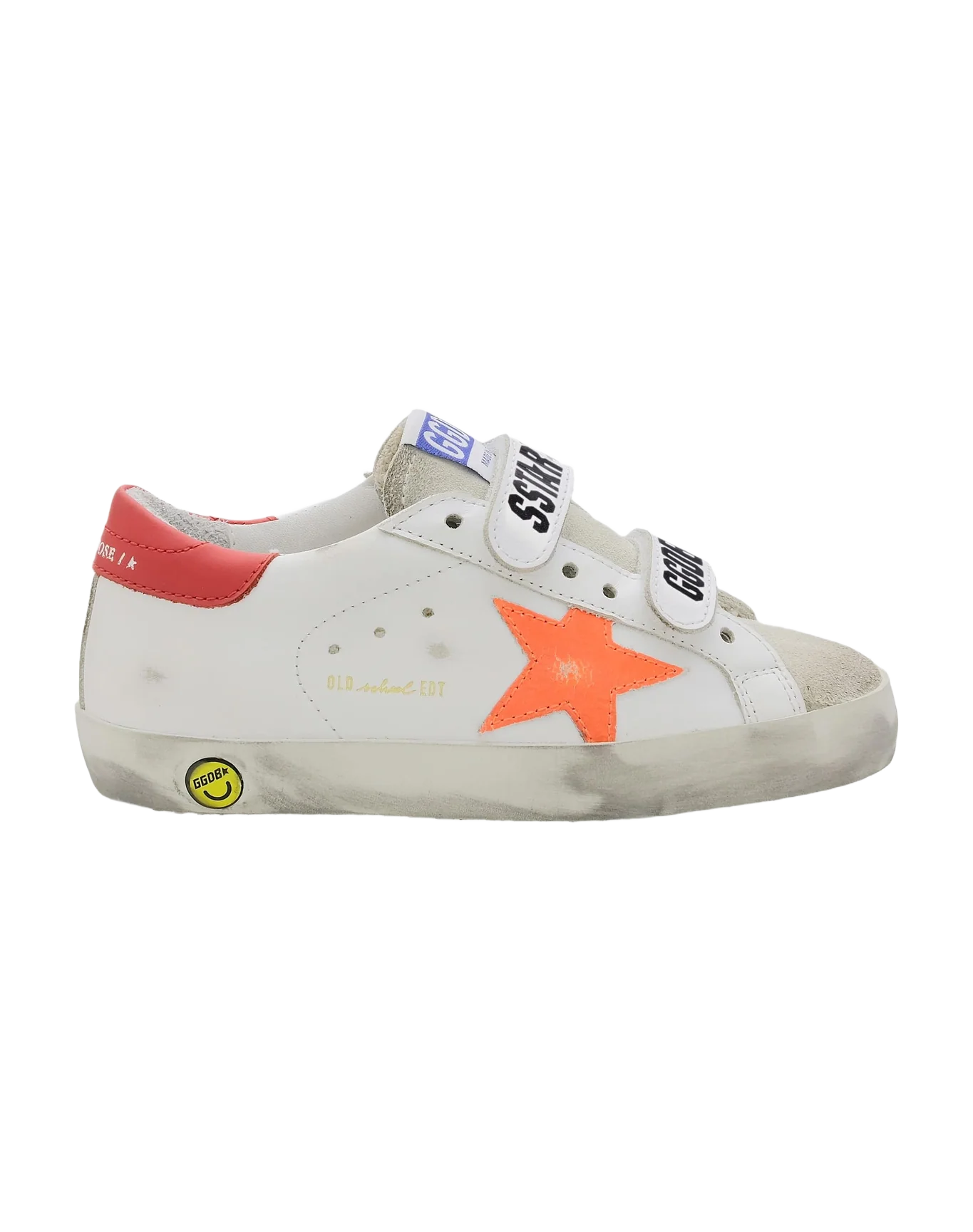 Kids | Junior Old School Sneakers with Velcro Fastening & Fluorescent Orange Star | White x Ice x Orange Fluo x Cherry Red - Image 4