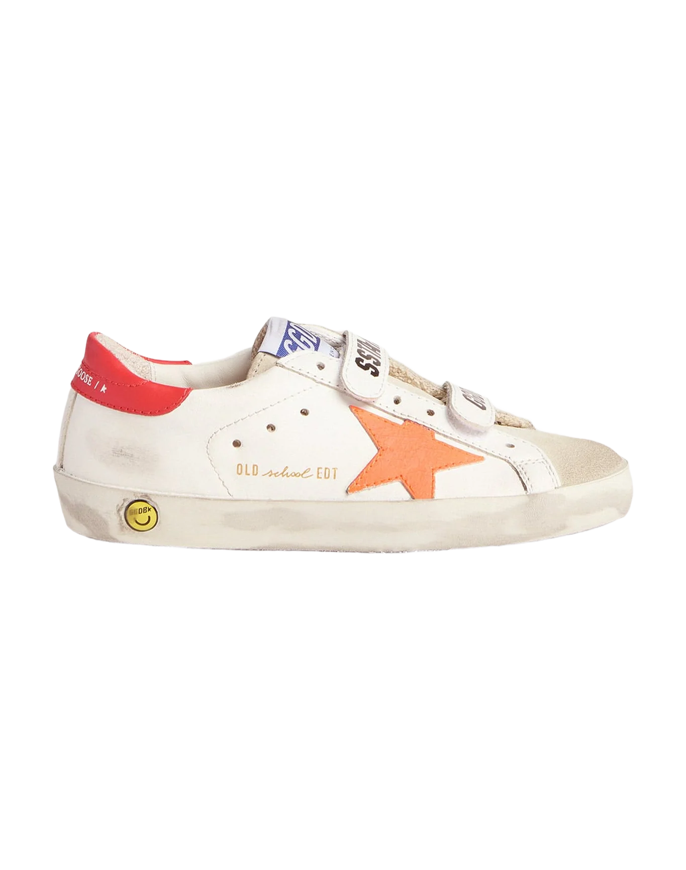 Kids | Junior Old School Sneakers with Velcro Fastening & Fluorescent Orange Star | White x Ice x Orange Fluo x Cherry Red - Image 7