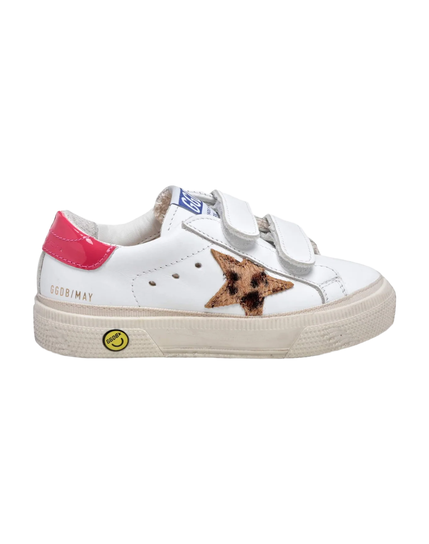 Kids | May Junior Sneakers White Leather with Leopard Pony Skin Star & Fucsia Lucid Heel Tab | White x Beige Brown Leo x Fuxia - Image 3