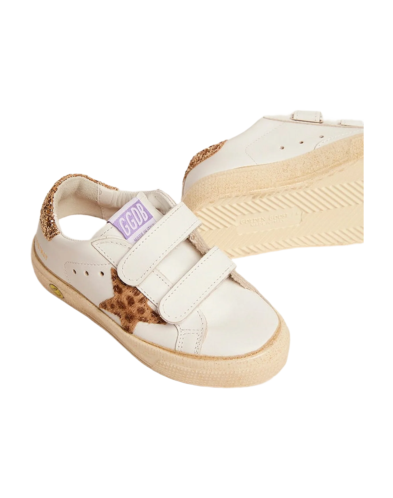 Kids | May Junior Sneakers White Leather with Leopard Pony Skin Star & Gold Glitter Heel Tab | White x Cream Light Brown Giraffe x Gold - Image 2