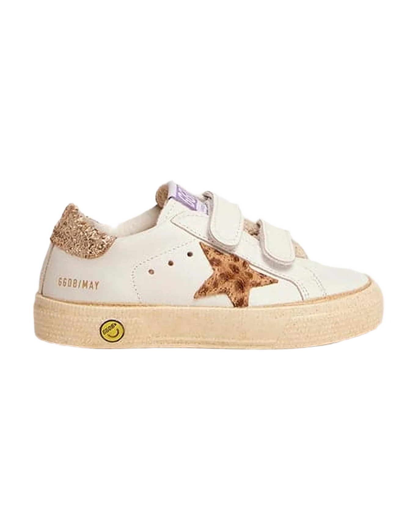 Kids | May Junior Sneakers White Leather with Leopard Pony Skin Star & Gold Glitter Heel Tab | White x Cream Light Brown Giraffe x Gold - Image 3