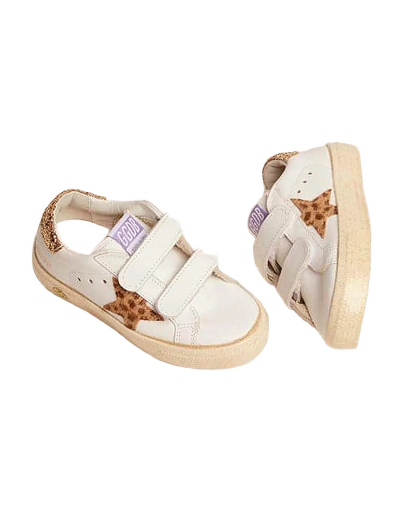 Kids | May Junior Sneakers White Leather with Leopard Pony Skin Star & Gold Glitter Heel Tab | White x Cream Light Brown Giraffe x Gold - Image 4