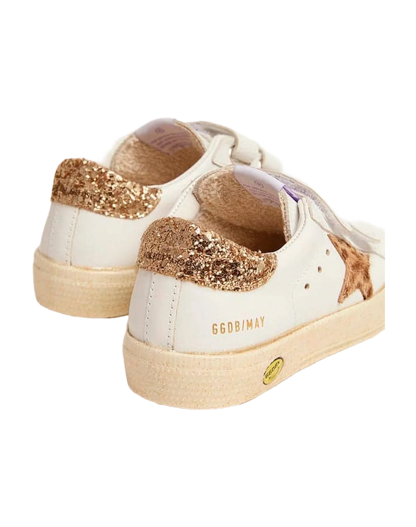 Kids | May Junior Sneakers White Leather with Leopard Pony Skin Star & Gold Glitter Heel Tab | White x Cream Light Brown Giraffe x Gold - Image 5