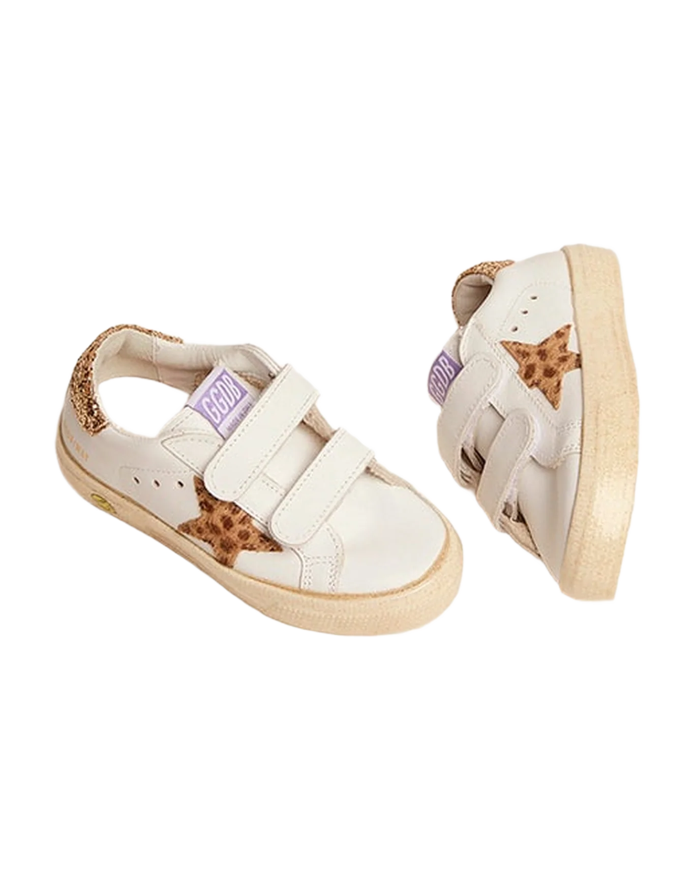 Kids | May Junior Sneakers White Leather with Leopard Pony Skin Star & Gold Glitter Heel Tab | White x Cream Light Brown Giraffe x Gold - Image 7