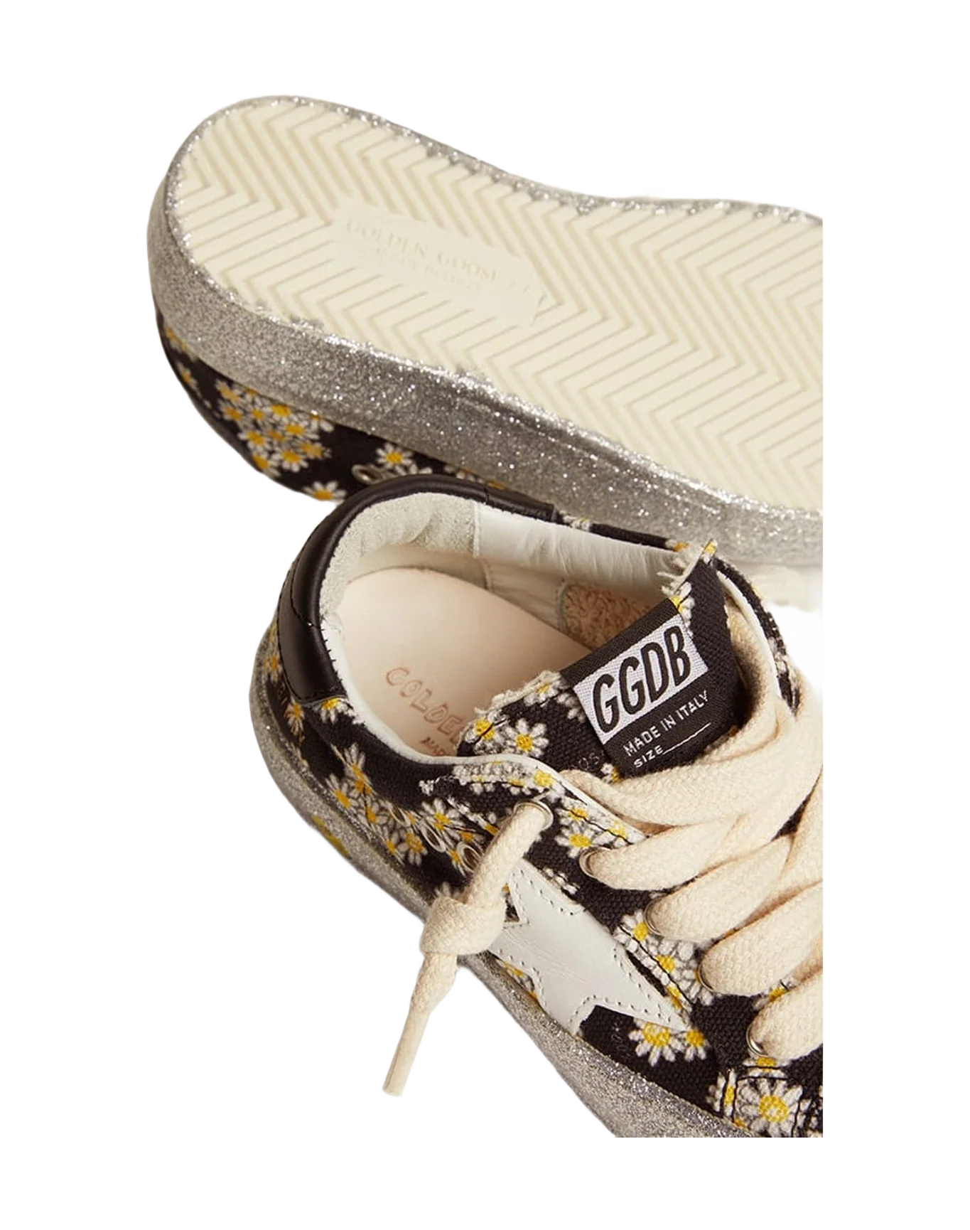 Kids | May Sneakers Junior Floreal Print Nylon with White Leather Star & Black Leather Heel Tab | Black x White Daisies x White x Black