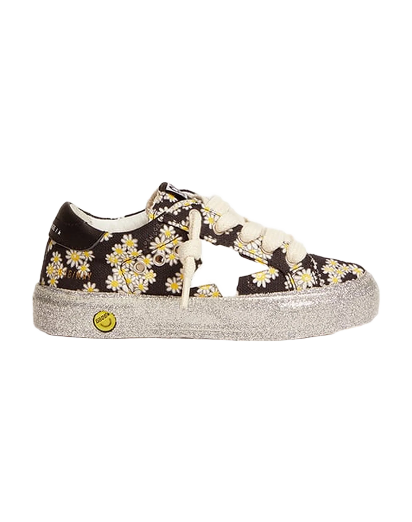 Kids | May Sneakers Junior Floreal Print Nylon with White Leather Star & Black Leather Heel Tab | Black x White Daisies x White x Black - Image 5