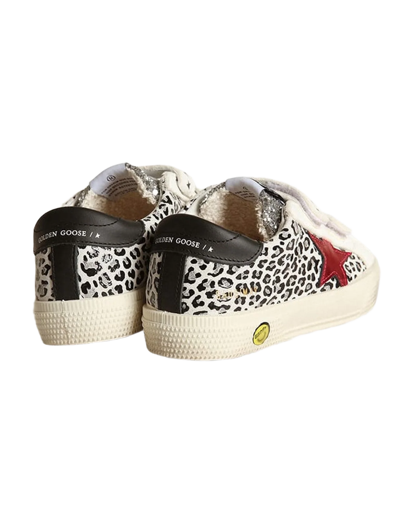 Kids | May Sneakers Leo Print Leather with Glitter Toe & Red Laminated Star | White Black Leo x Wine x Black (V1)