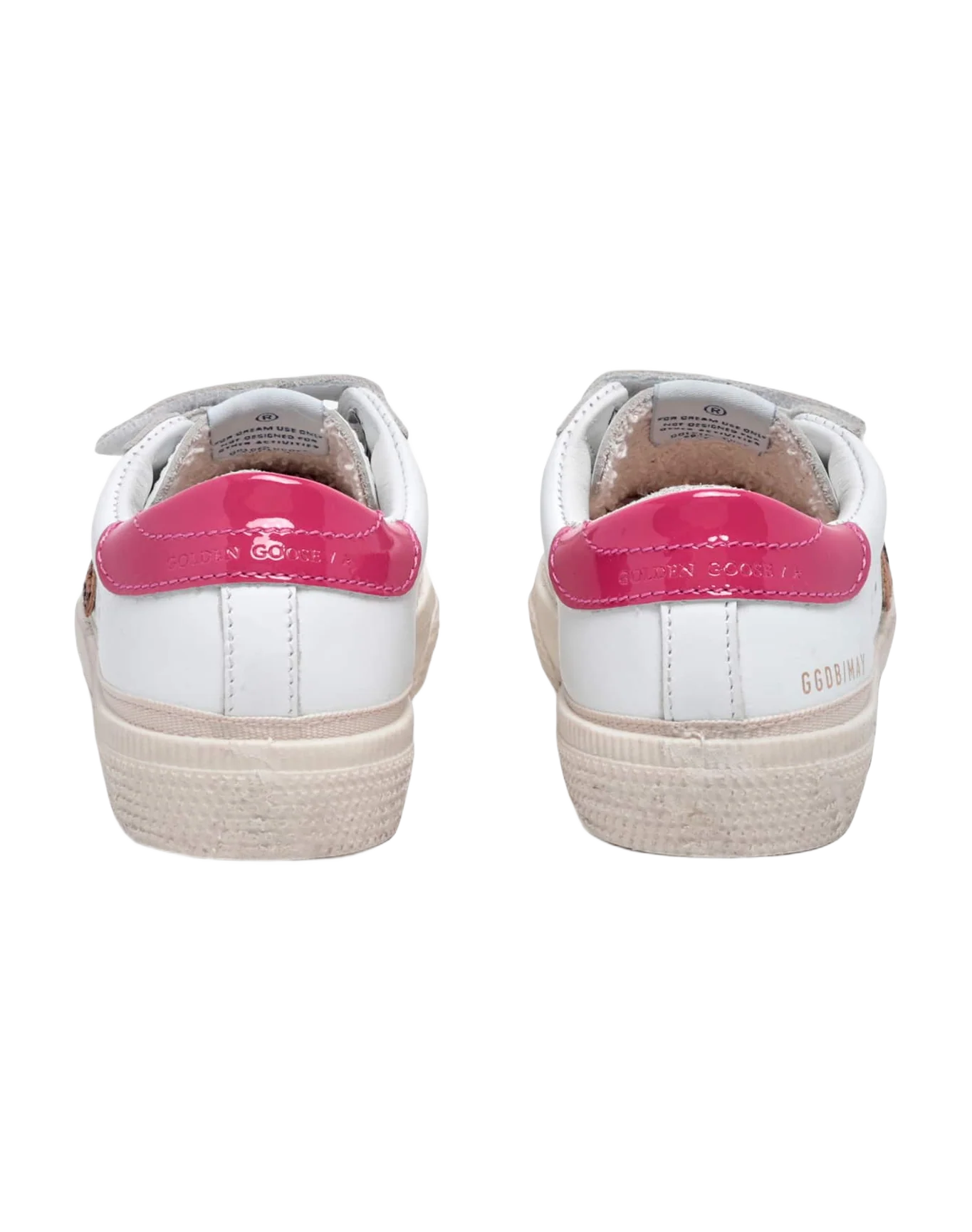 Kids | May Sneakers White Leather with Leo Pony Skin Star & Shiny Heel Tab | White x Beige Brown Leo x Fuxia - Image 2