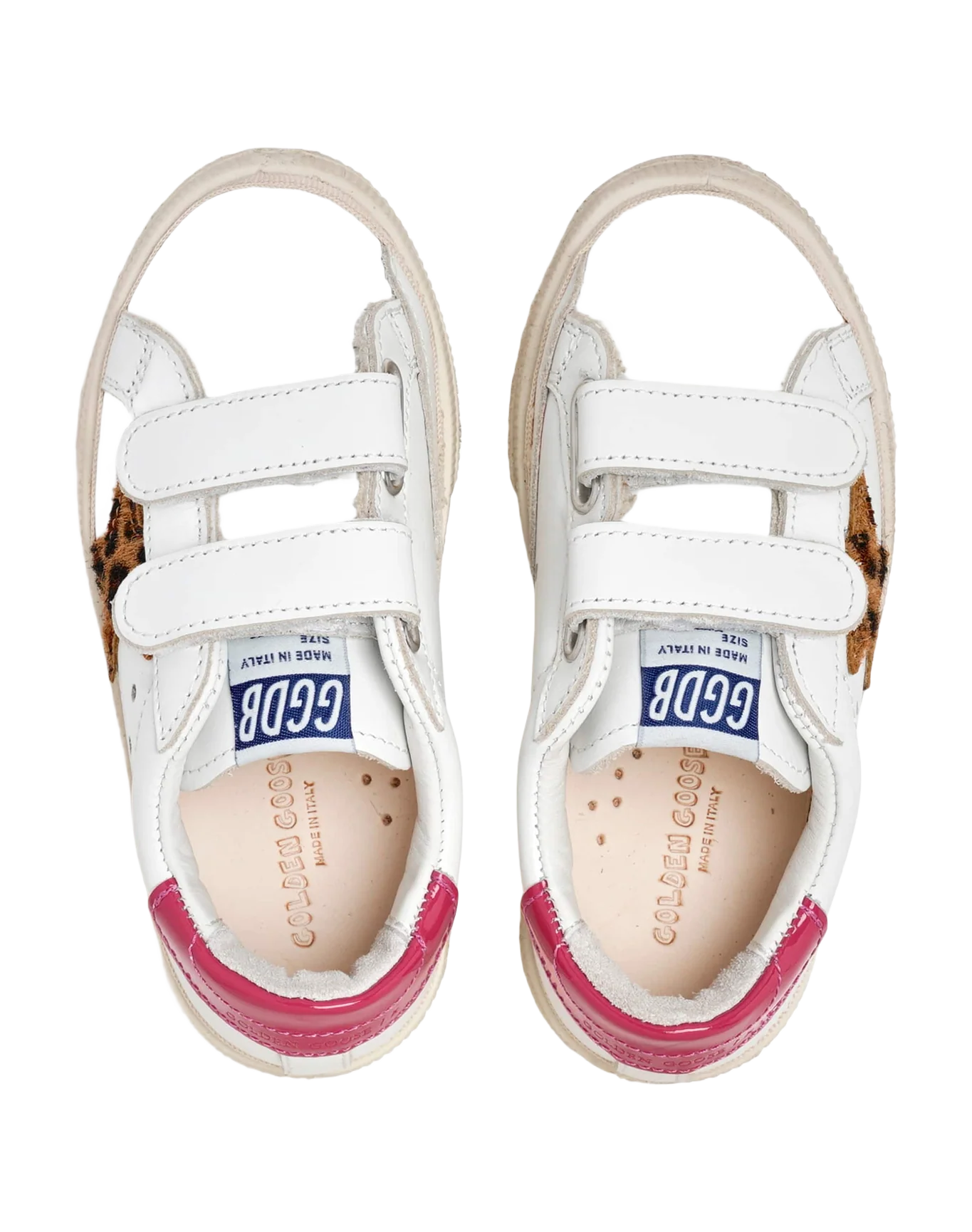 Kids | May Sneakers White Leather with Leo Pony Skin Star & Shiny Heel Tab | White x Beige Brown Leo x Fuxia - Image 5