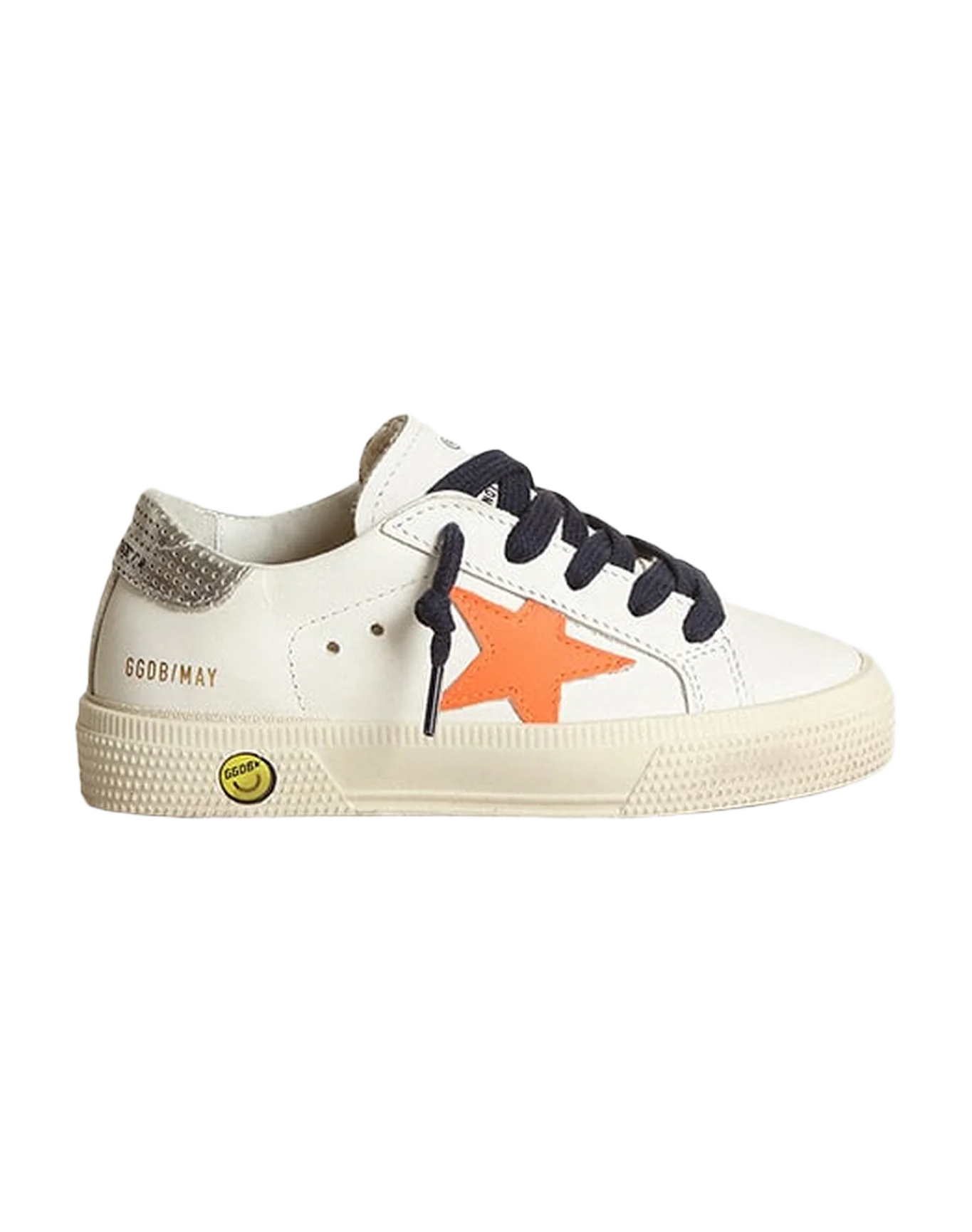 Kids | May White Leather with Orange Star & Dark Blue Laces | White x Fluo Orange x Silver - Image 3