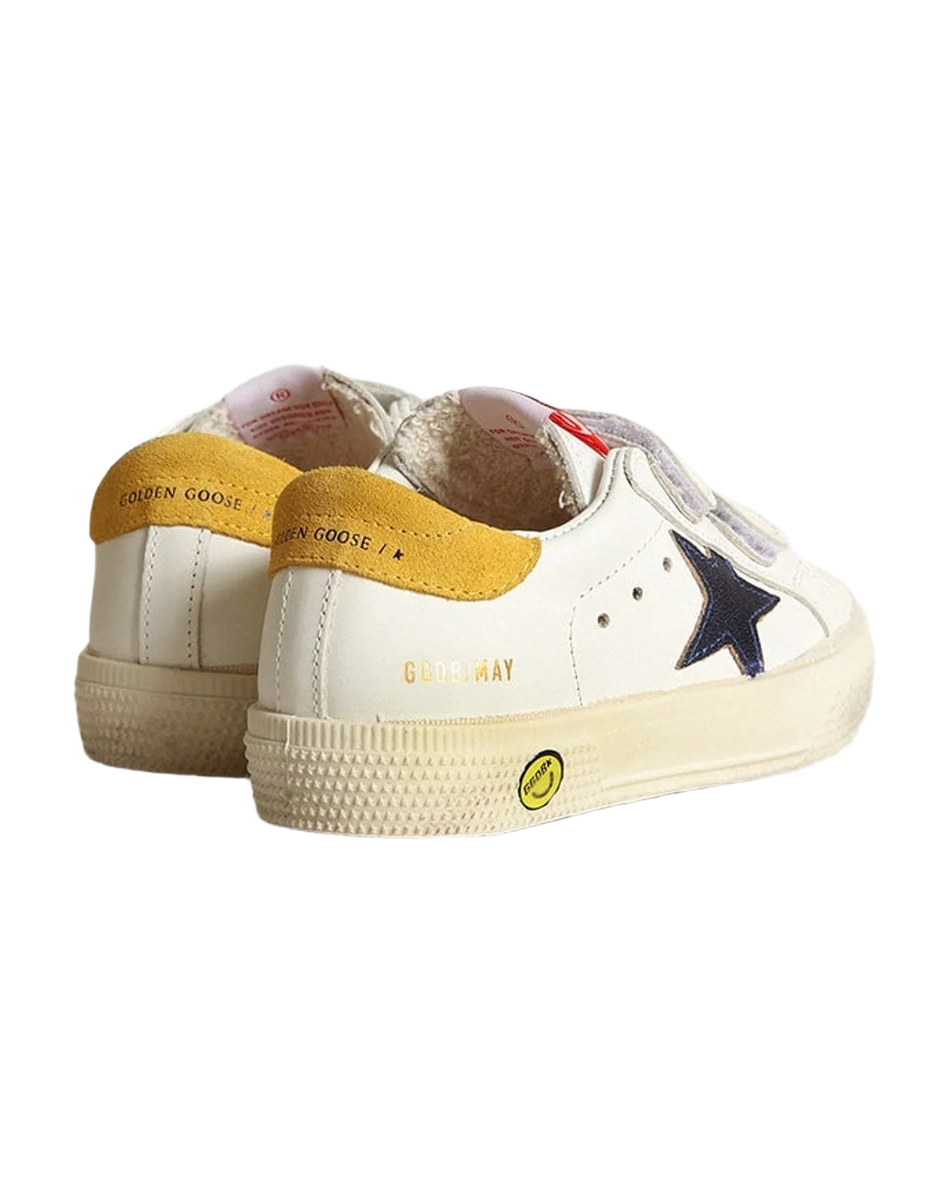 Kids | May Young Sneakers White Leather with Metallic Blue Star & Yellow Suede Heel Tab | White x Blue x Mustard