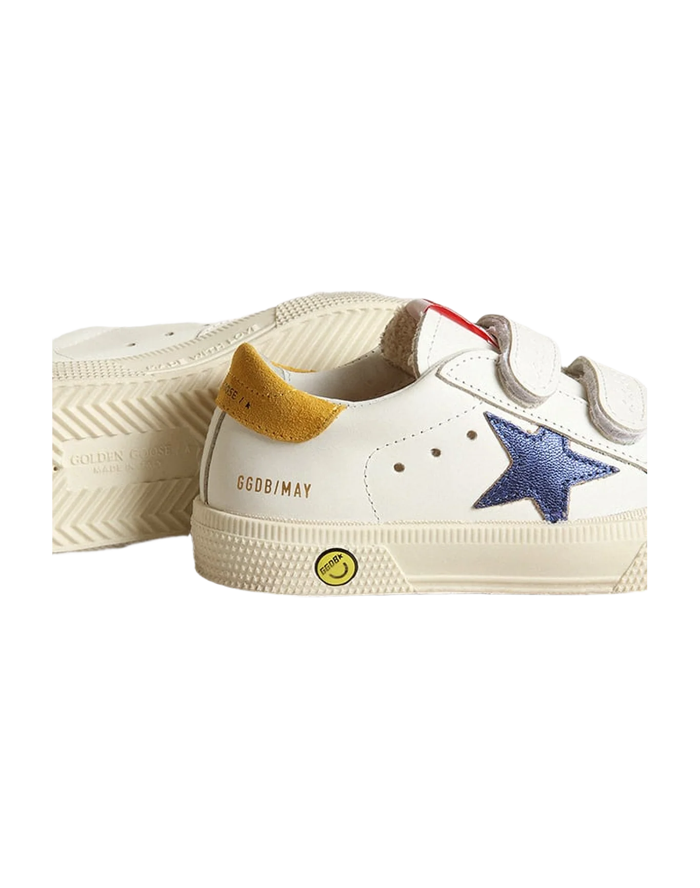 Kids | May Young Sneakers White Leather with Metallic Blue Star & Yellow Suede Heel Tab | White x Blue x Mustard - Image 2