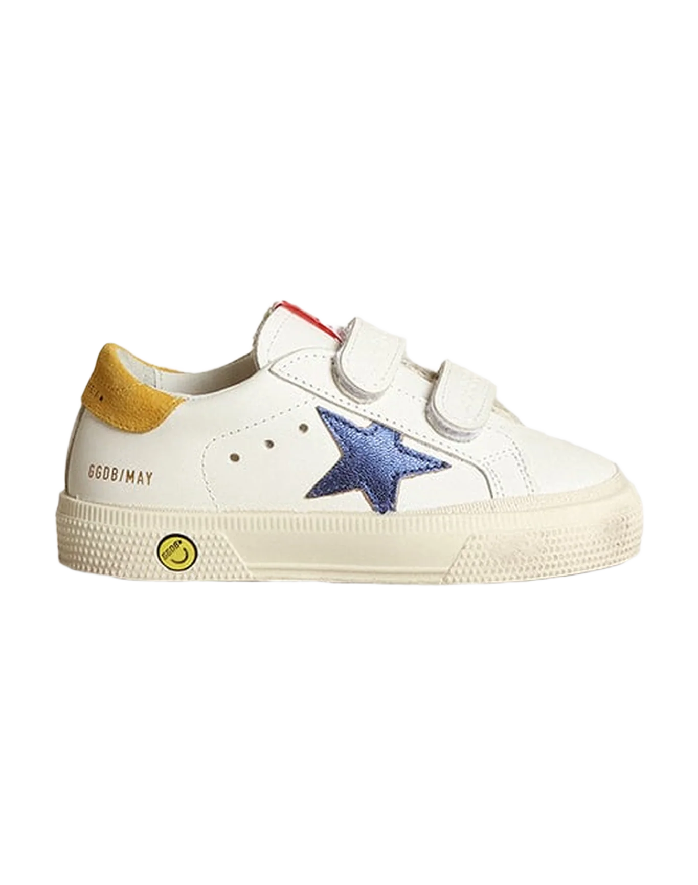 Kids | May Young Sneakers White Leather with Metallic Blue Star & Yellow Suede Heel Tab | White x Blue x Mustard - Image 3