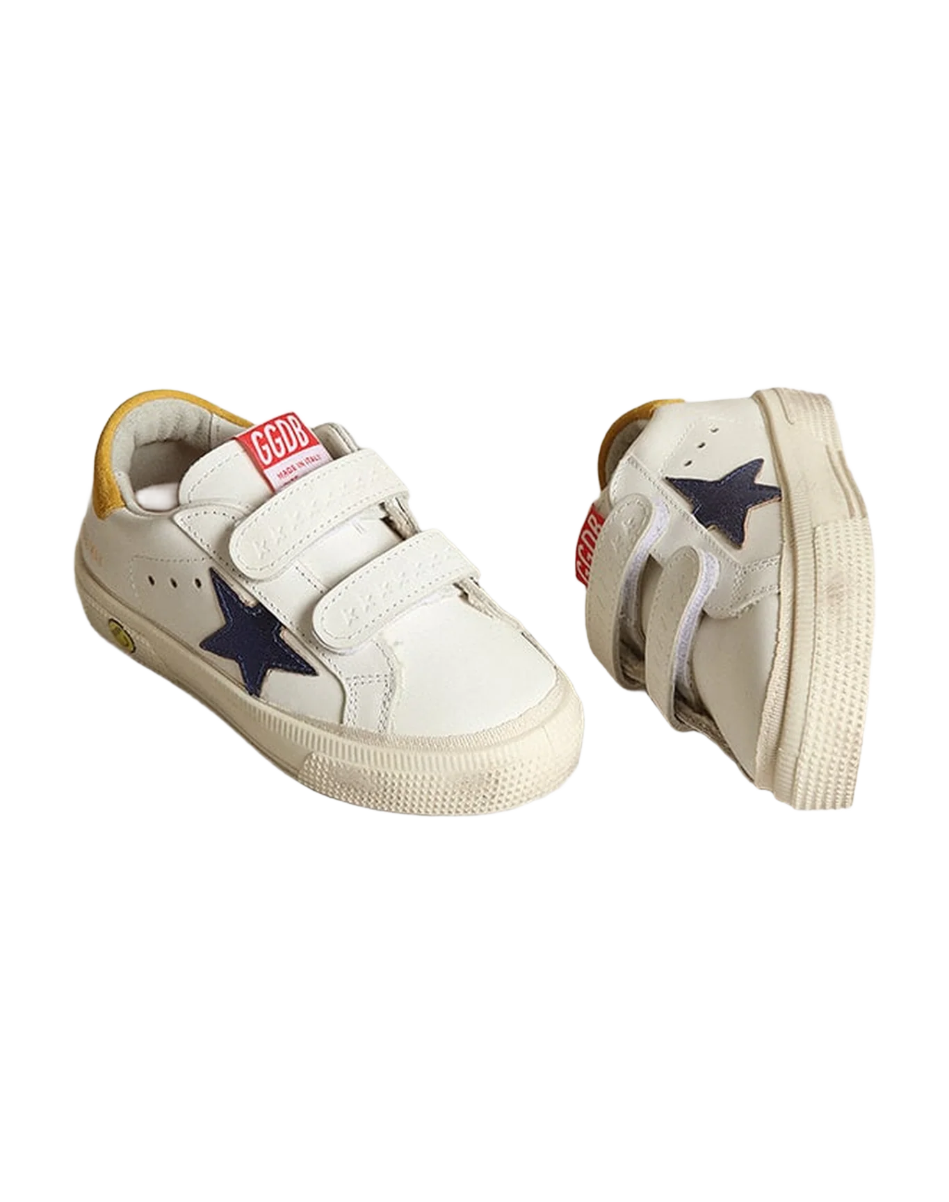 Kids | May Young Sneakers White Leather with Metallic Blue Star & Yellow Suede Heel Tab | White x Blue x Mustard - Image 4