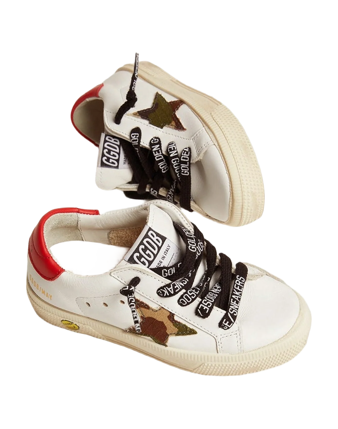 Kids | May Young with White Leather, Green Camouflage Star & Red Heel Tab | White x Green Camouflage x Red