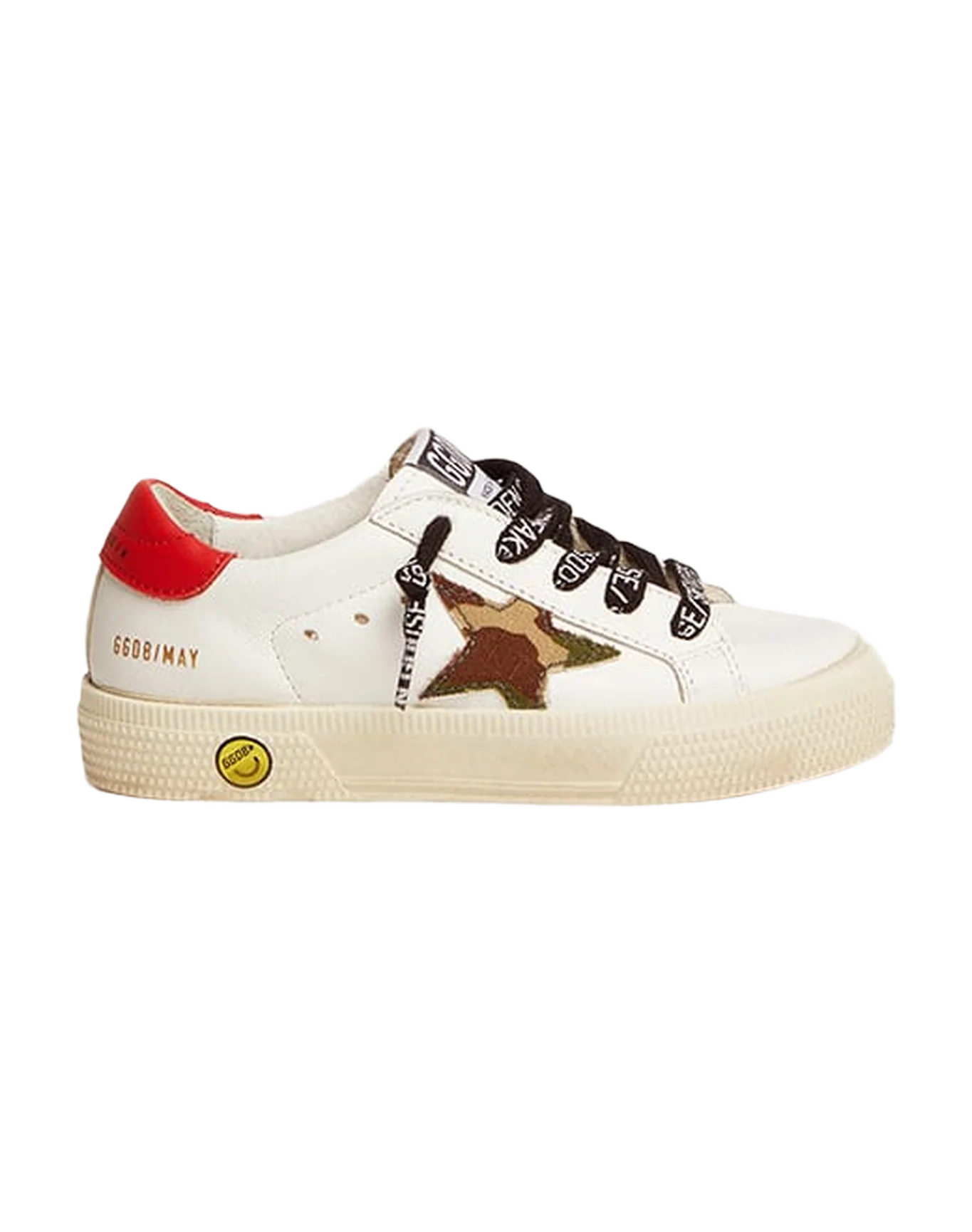 Kids | May Young with White Leather, Green Camouflage Star & Red Heel Tab | White x Green Camouflage x Red - Image 7